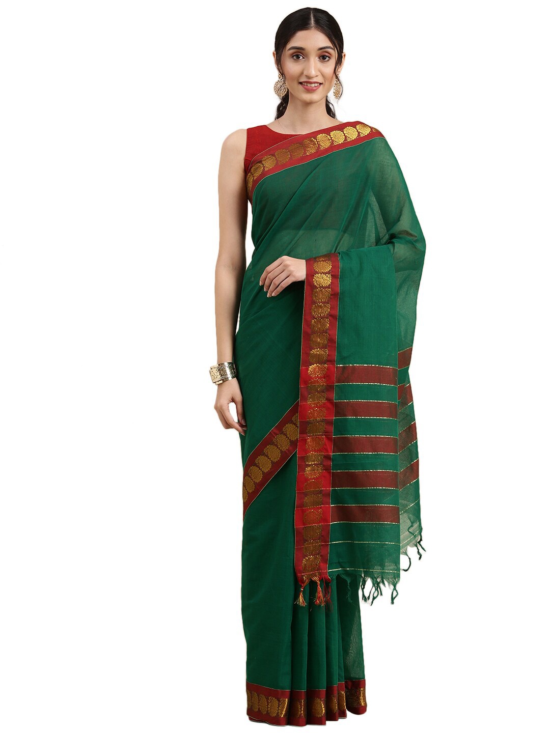 

Pavechas Navy Blue & Green Zari Pure Cotton Mangalagiri Saree