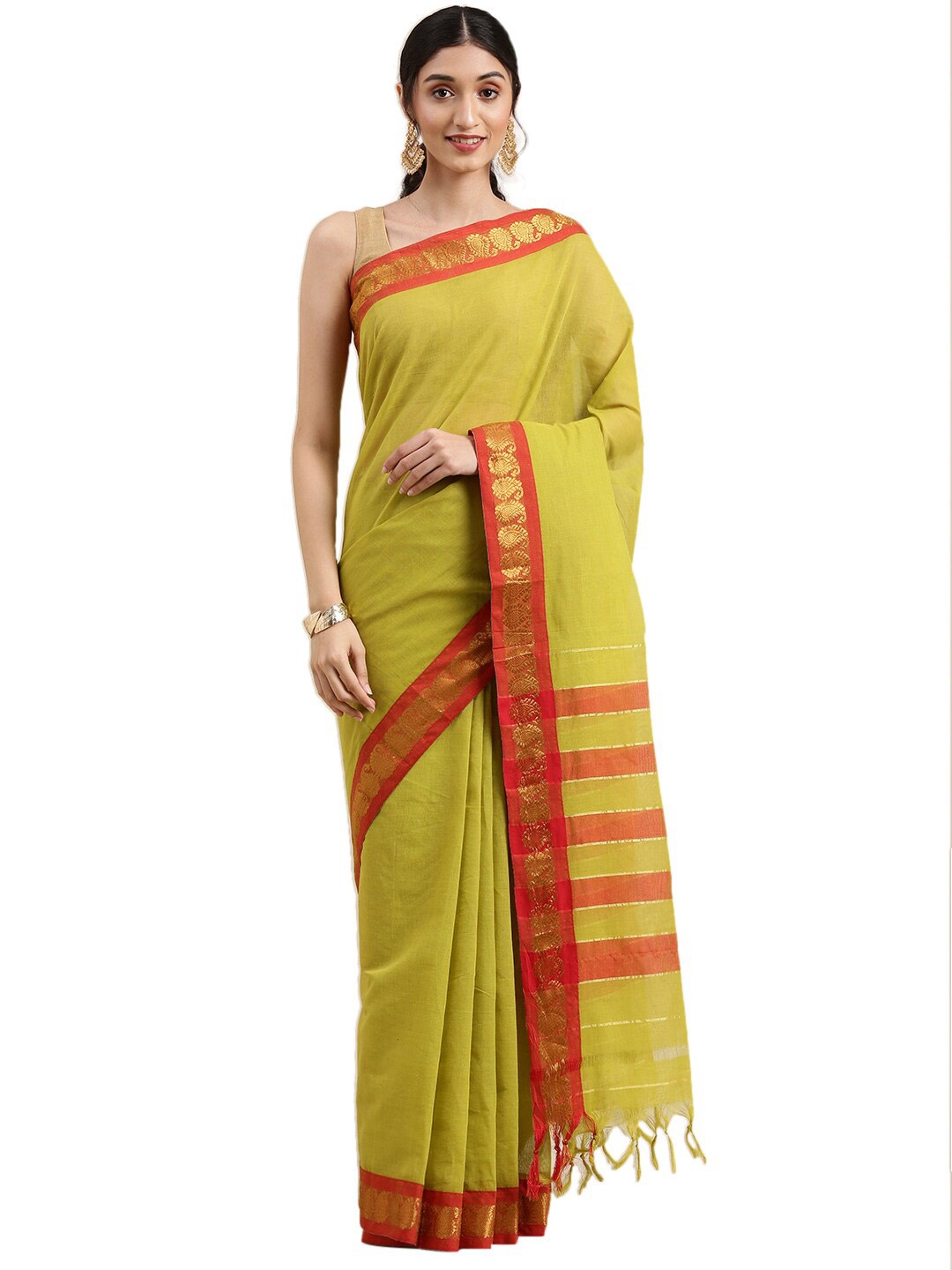 

Pavechas Green & Red Zari Pure Cotton Mangalagiri Saree