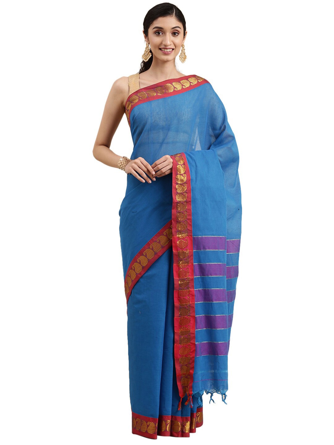 

Pavechas Blue & Red Pure Cotton Mangalagiri Saree