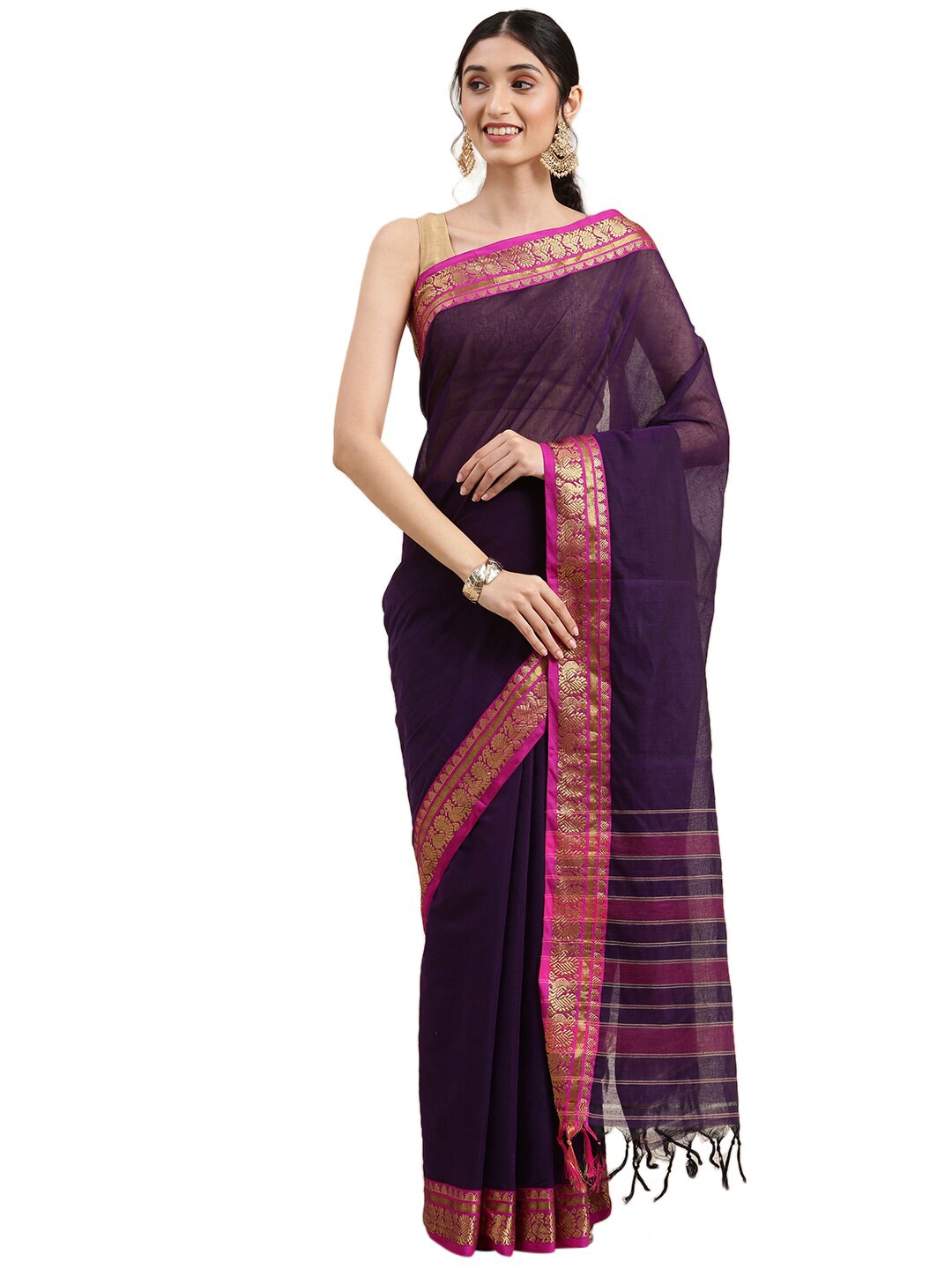 

Pavechas Purple & Red Zari Pure Cotton Mangalagiri Saree