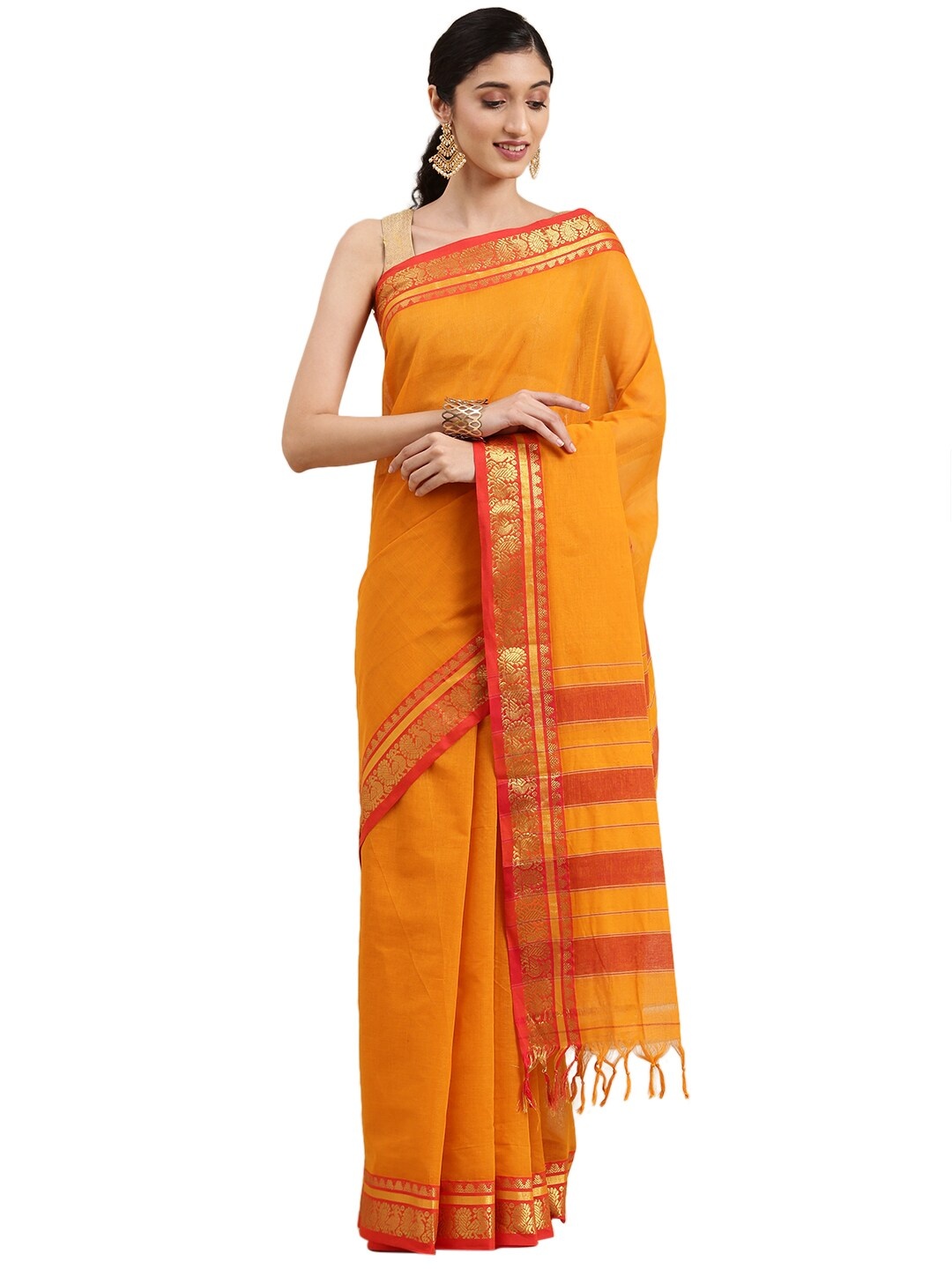 

Pavechas Gold-Toned & Red Zari Pure Cotton Mangalagiri Saree