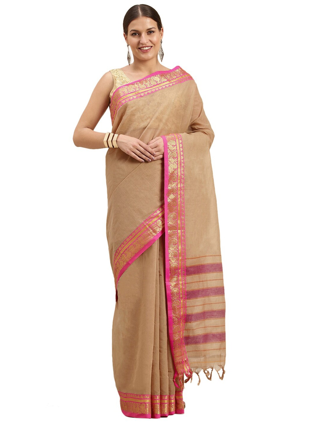 

Pavechas Beige & Pink Pure Cotton Mangalagiri Saree