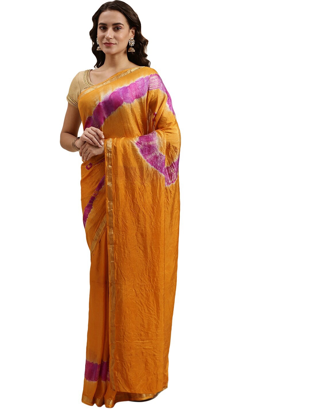 

Pavechas Yellow & Purple Zari Art Silk Bandhani Saree