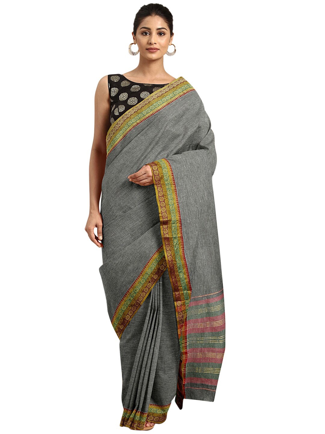 

Pavechas Grey & Red Zari Pure Cotton Venkatgiri Saree