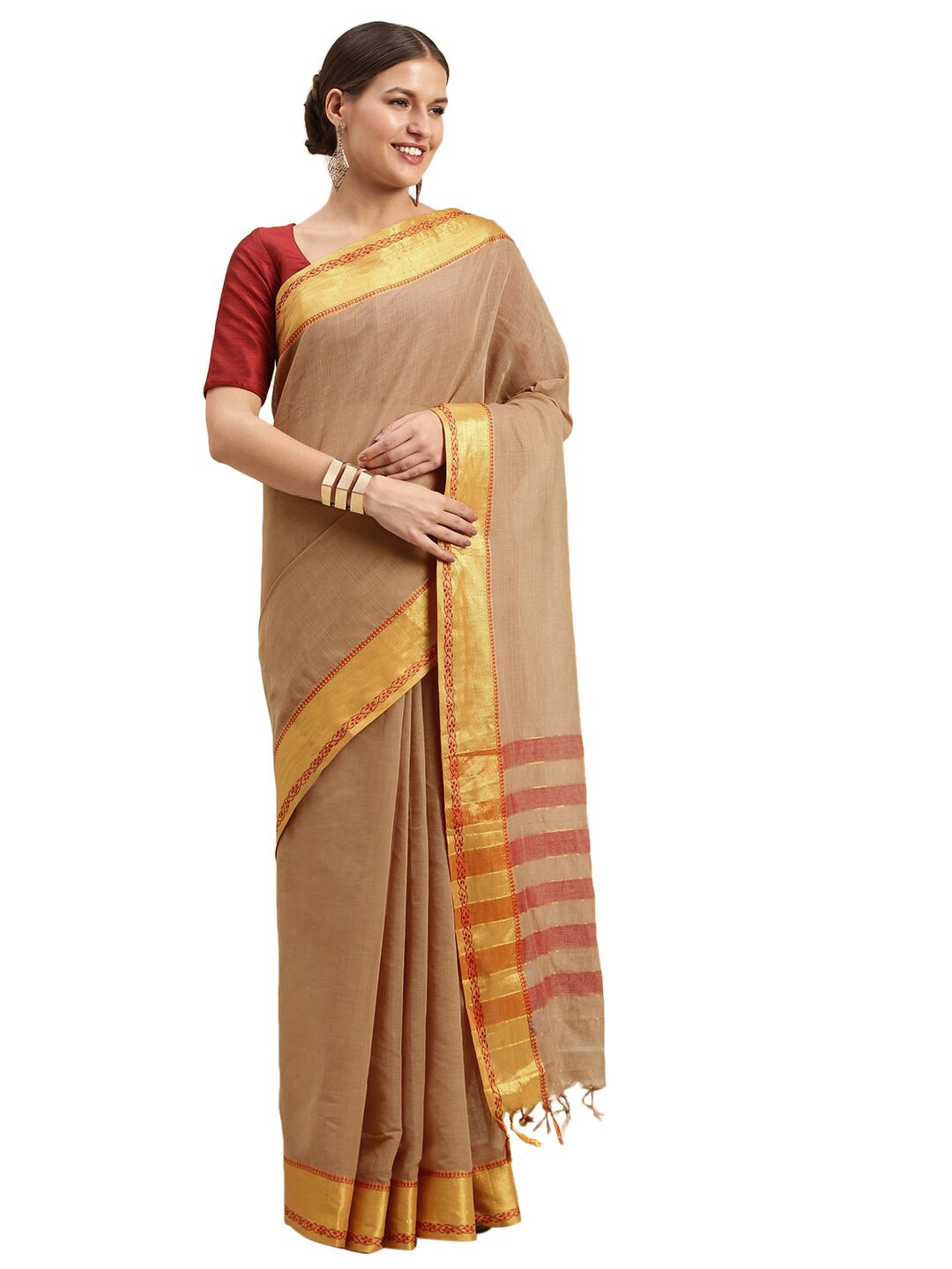 

Pavechas Beige & Red Zari Pure Cotton Mangalagiri Saree