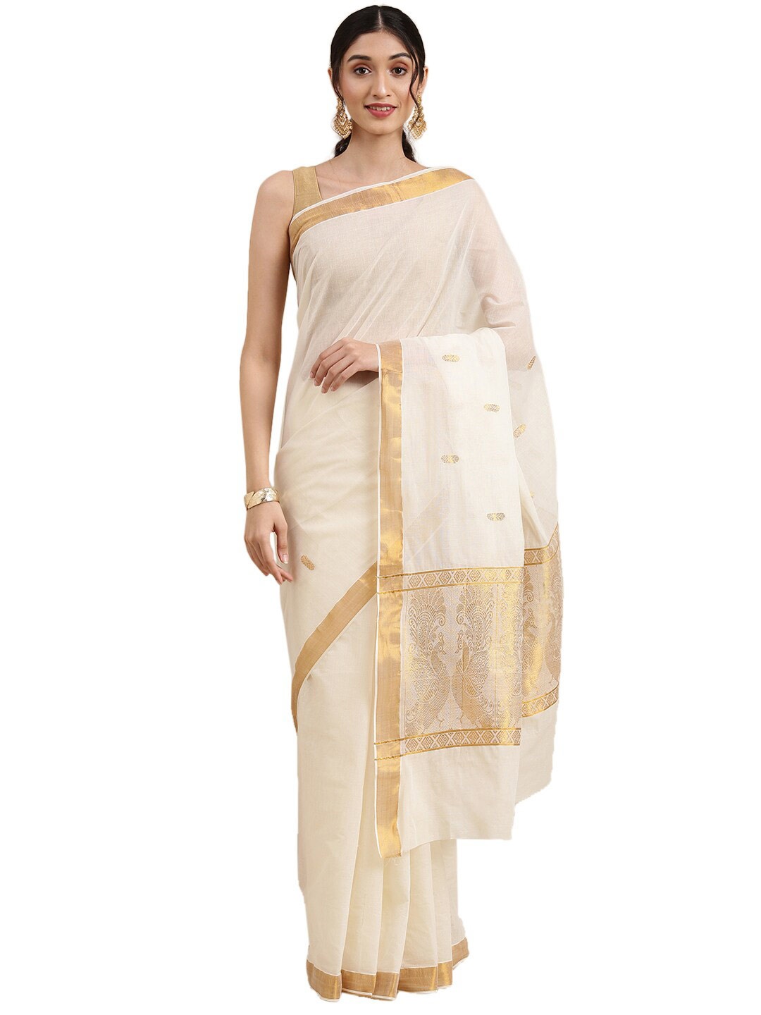 

Pavechas Off White & Gold-Toned Woven Design Zari Pure Cotton Kasavu Saree