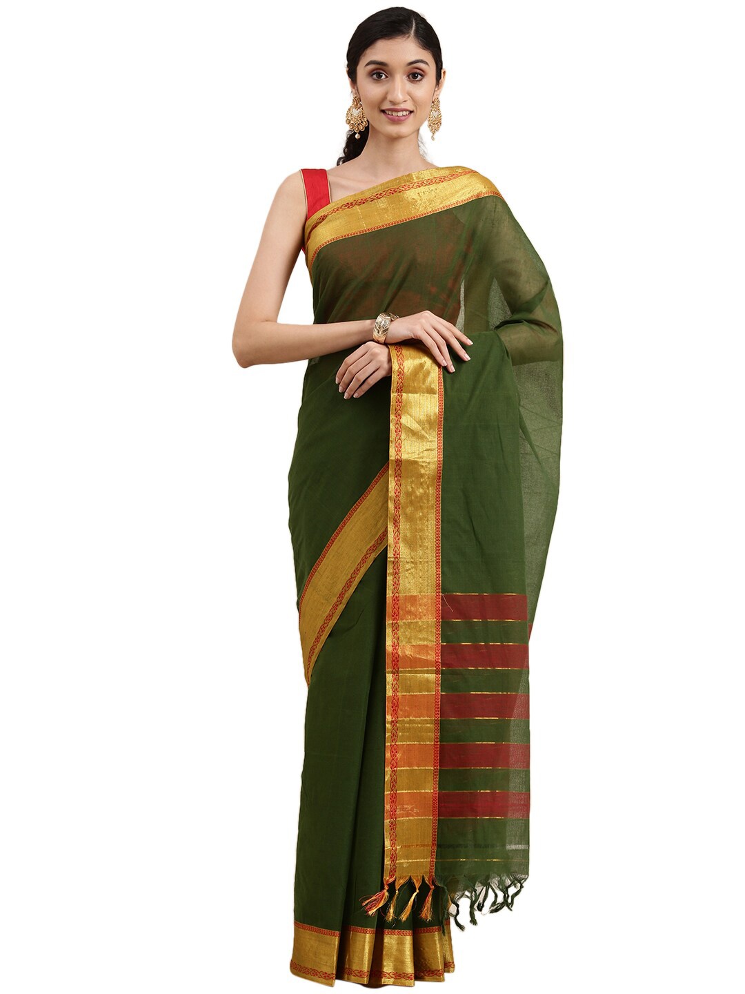 

Pavechas Green & Maroon Zari Pure Cotton Mangalagiri Saree