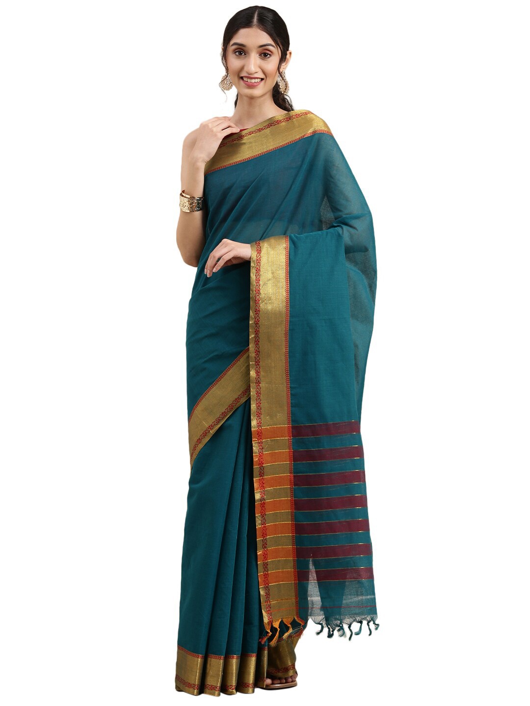 

Pavechas Teal Blue & Golden Zari Pure Cotton Mangalagiri Saree