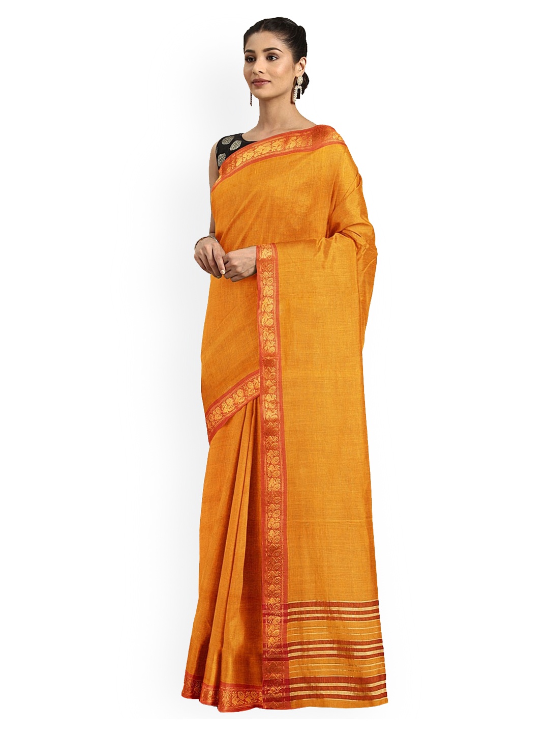 

Pavechas Golden & Orange Zari Pure Cotton Venkatgiri Saree, Gold