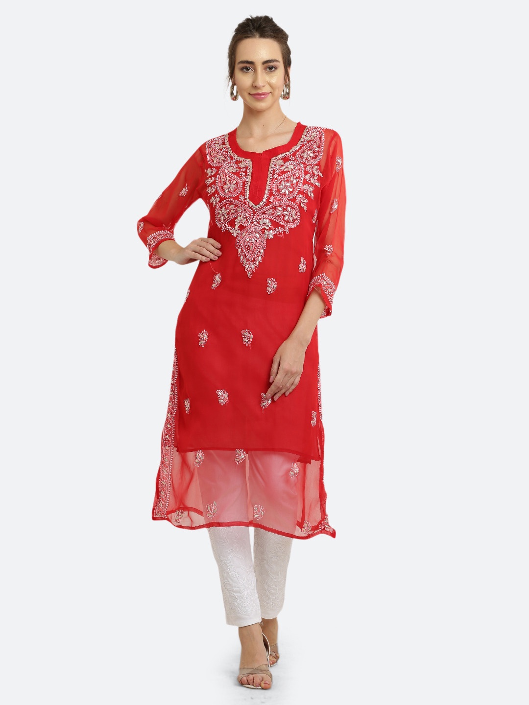 

FAWOMENT Women Red & White Ethnic Motifs Chikankari Georgette Kurta