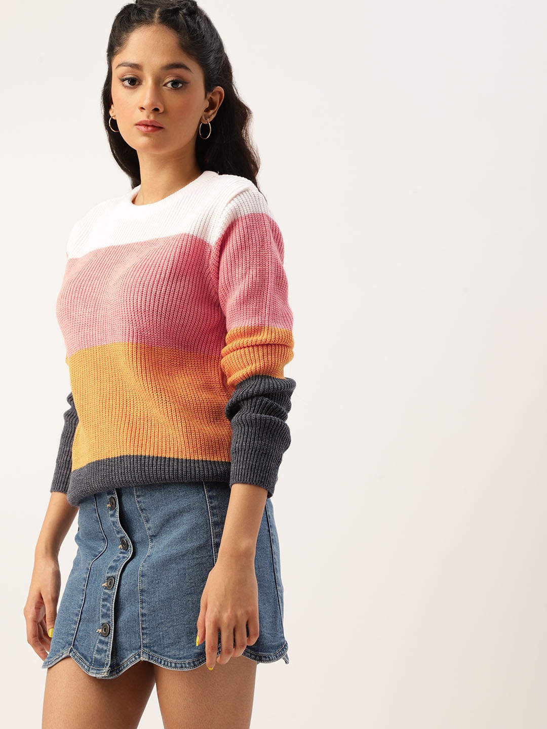 

Kook N Keech Teens Girls Peach-Coloured & Yellow Striped Pullover