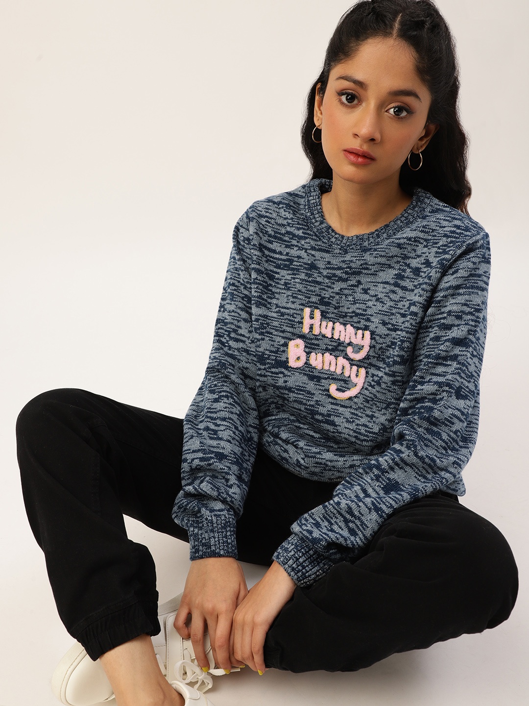 

Kook N Keech Teens Girls Grey & Navy Blue Typography Applique Pullover with Melange Effect