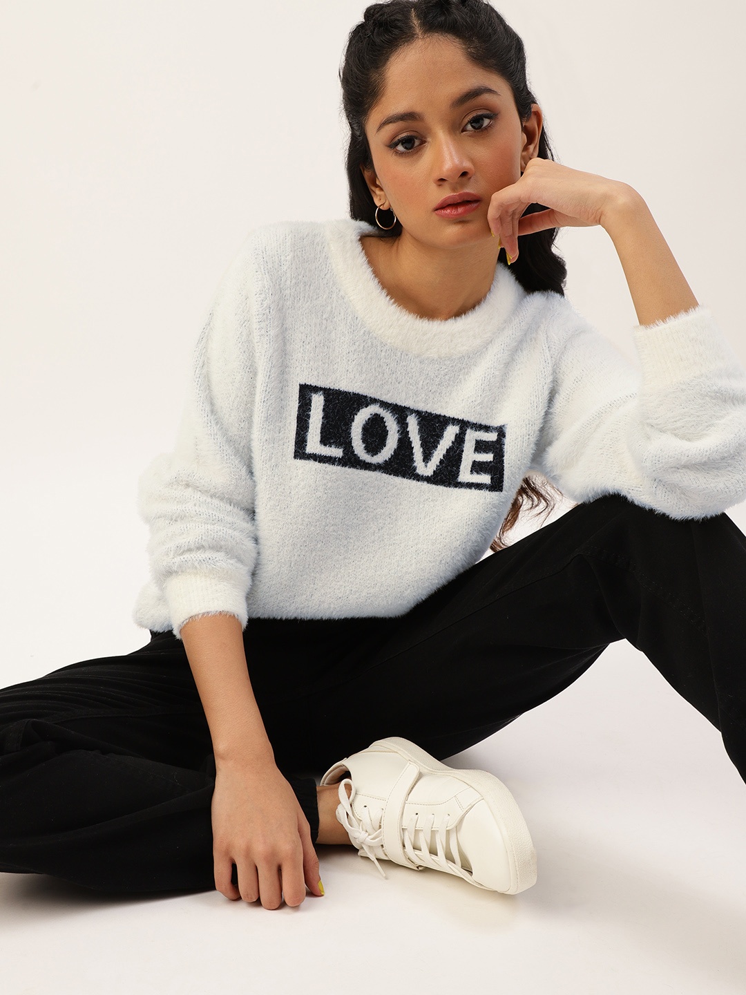 

Kook N Keech Teens Girls White & Black Typography Printed Fuzzy Pullover