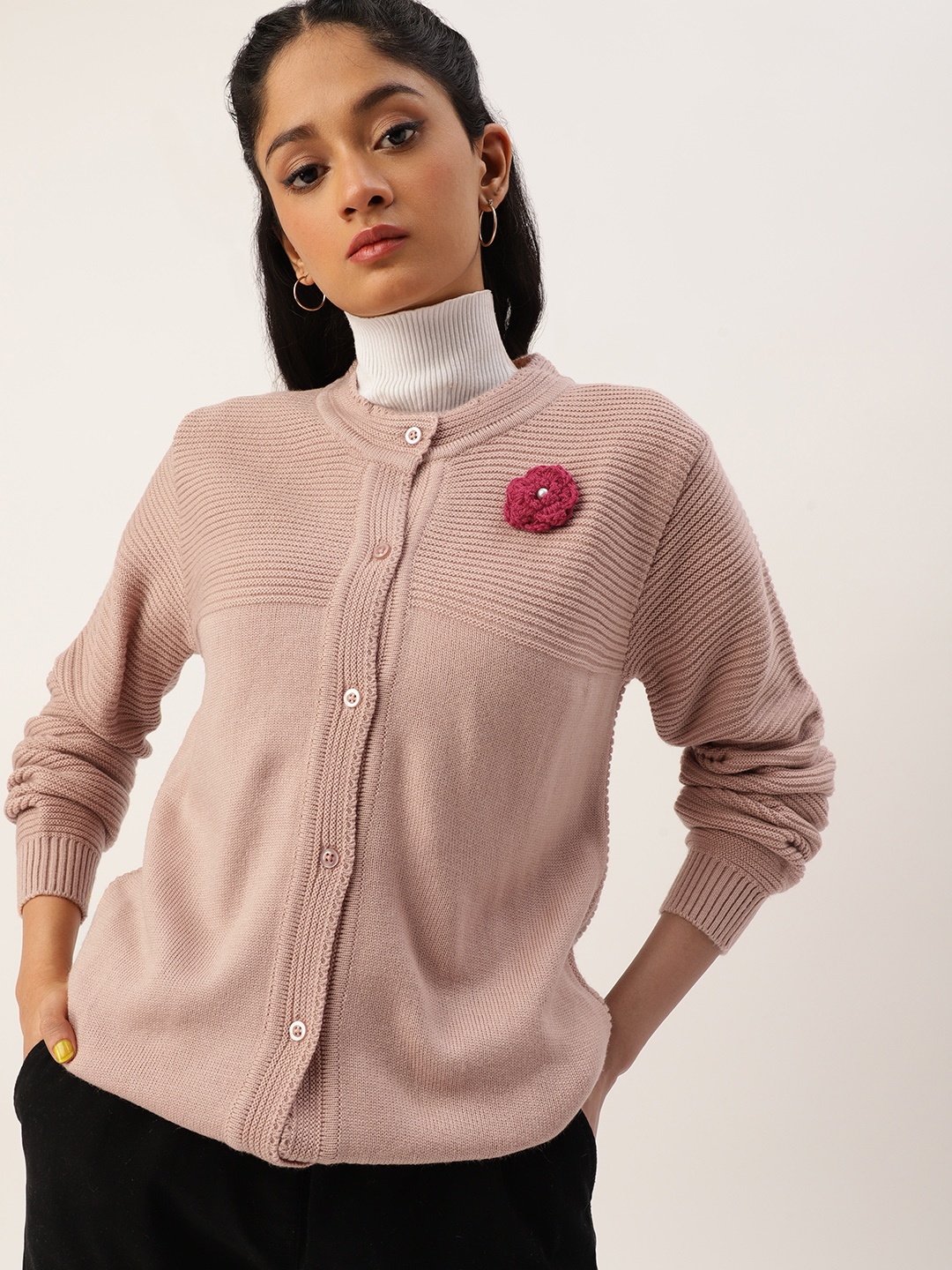 

Kook N Keech Teens Girls Dusty Pink Solid Cardigan with Flower Applique Detail, Rose