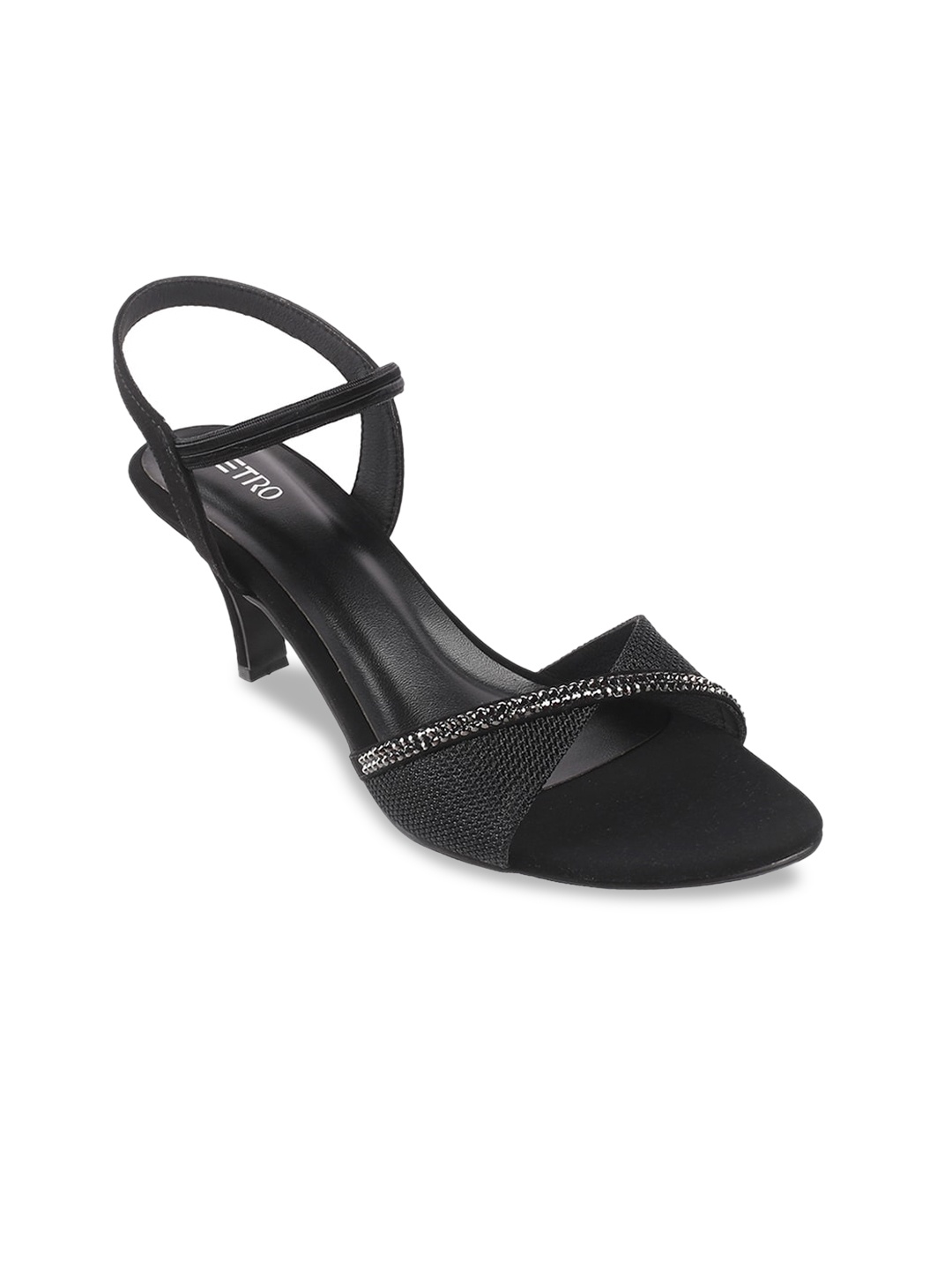 

Metro Black & Silver-Toned Embellished Party Kitten Heels
