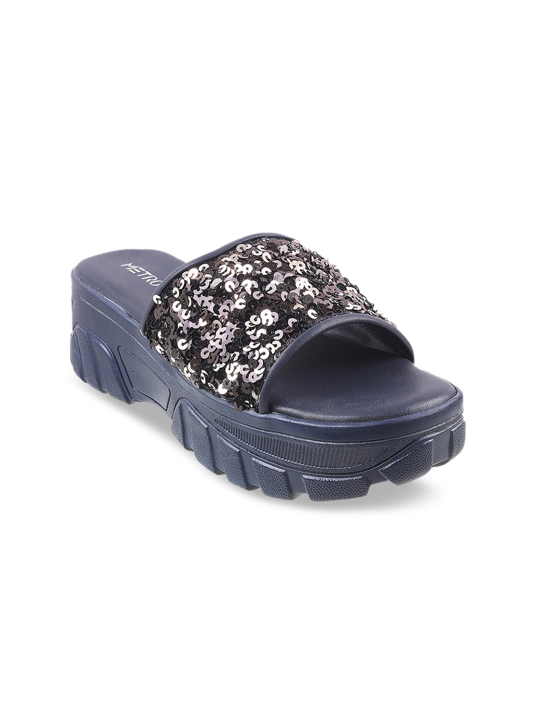 

Metro Blue Embellished Flatform Mules