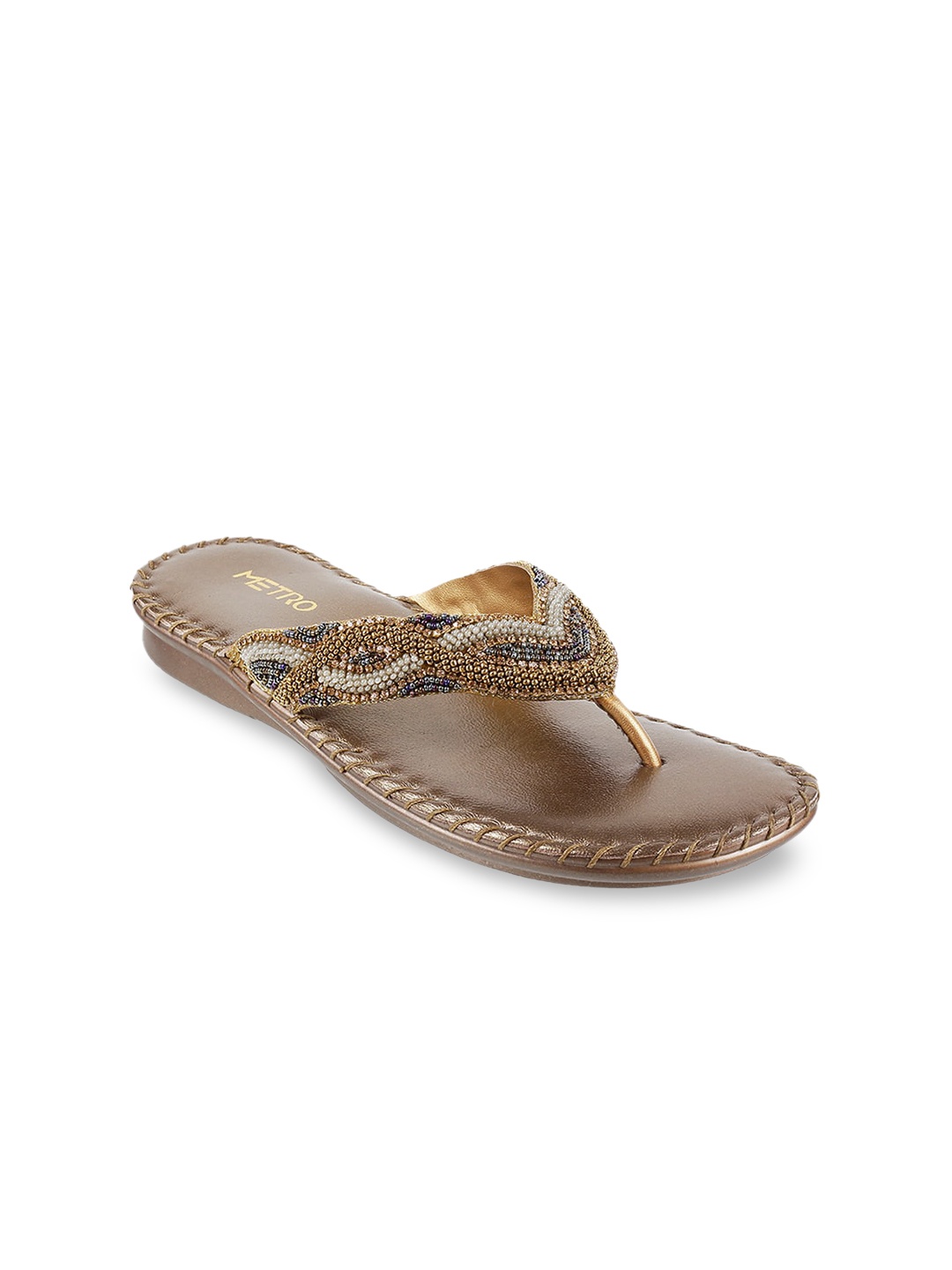 

Metro Women Gold-Toned Embellished T Strap Leather Flats
