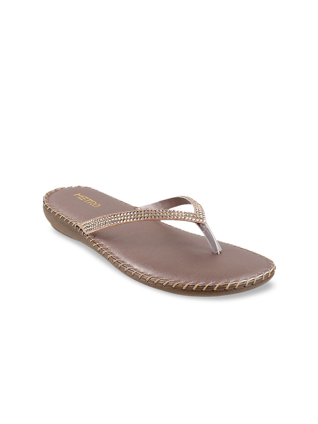 

Metro Women Tan Embellished T-Strap Flats