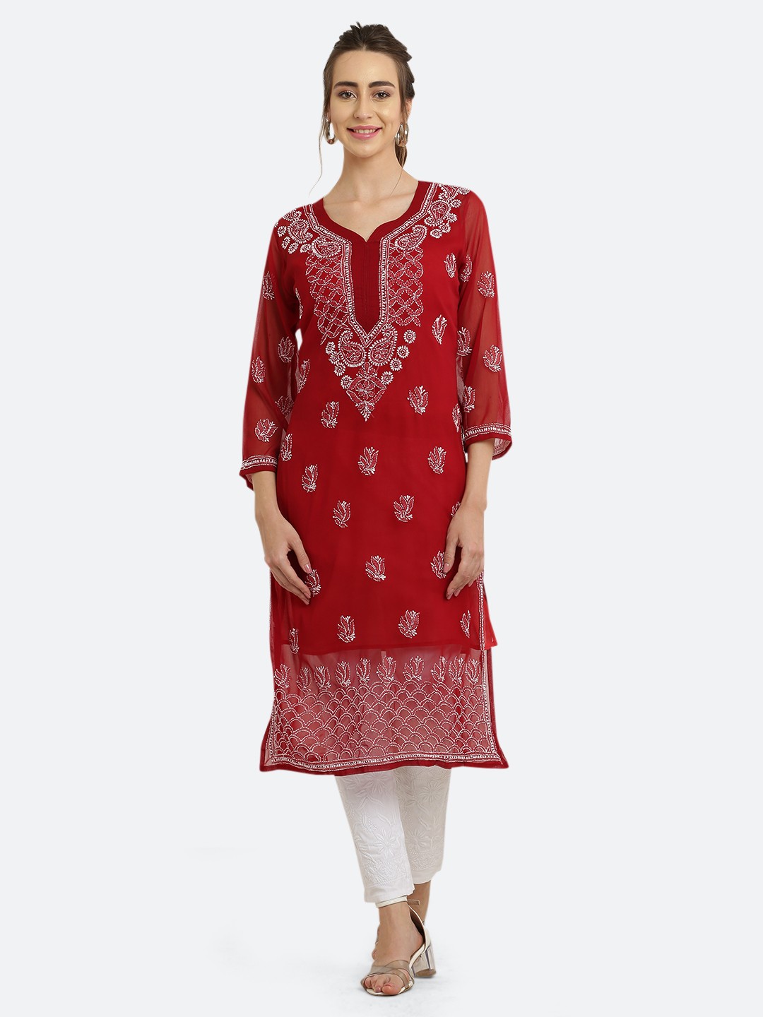 

FAWOMENT Ethnic Motifs Dyed Thread Work Georgette Handloom Georgette Kurta with Inner, Maroon