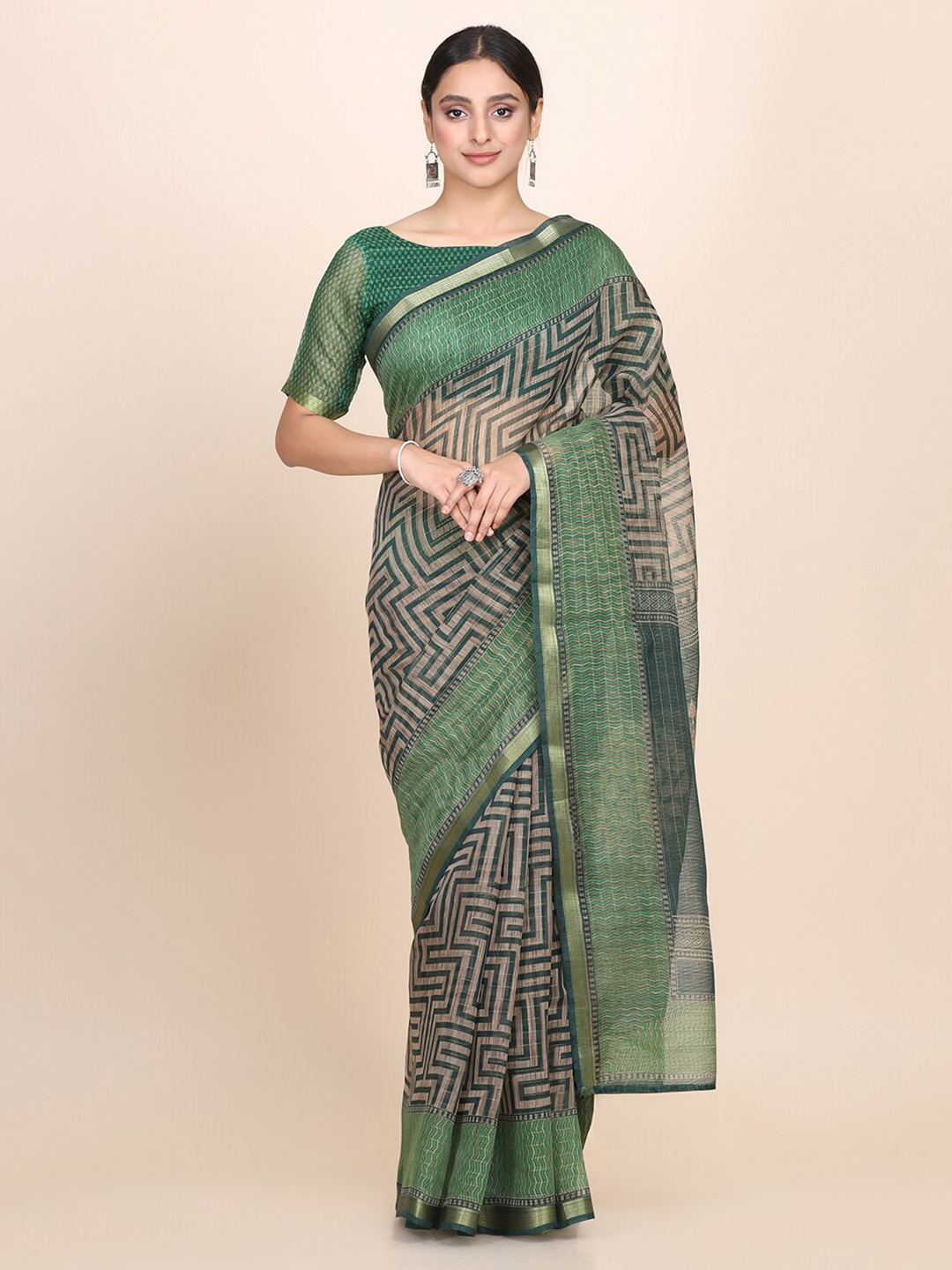 

KALINI Green & Beige Print Zari Silk Cotton Saree