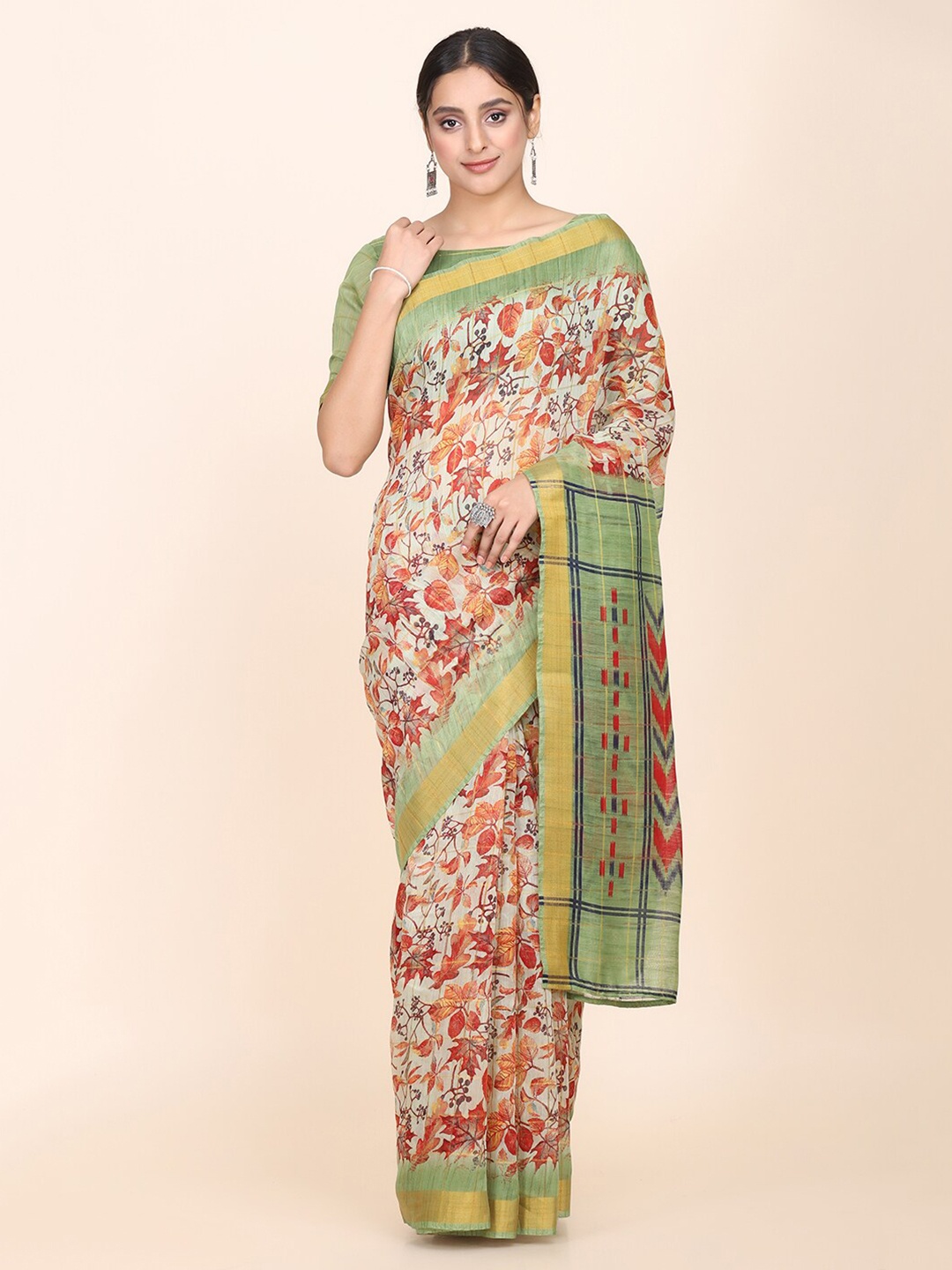

KALINI Green & Red Floral Print Zari Silk Cotton Saree