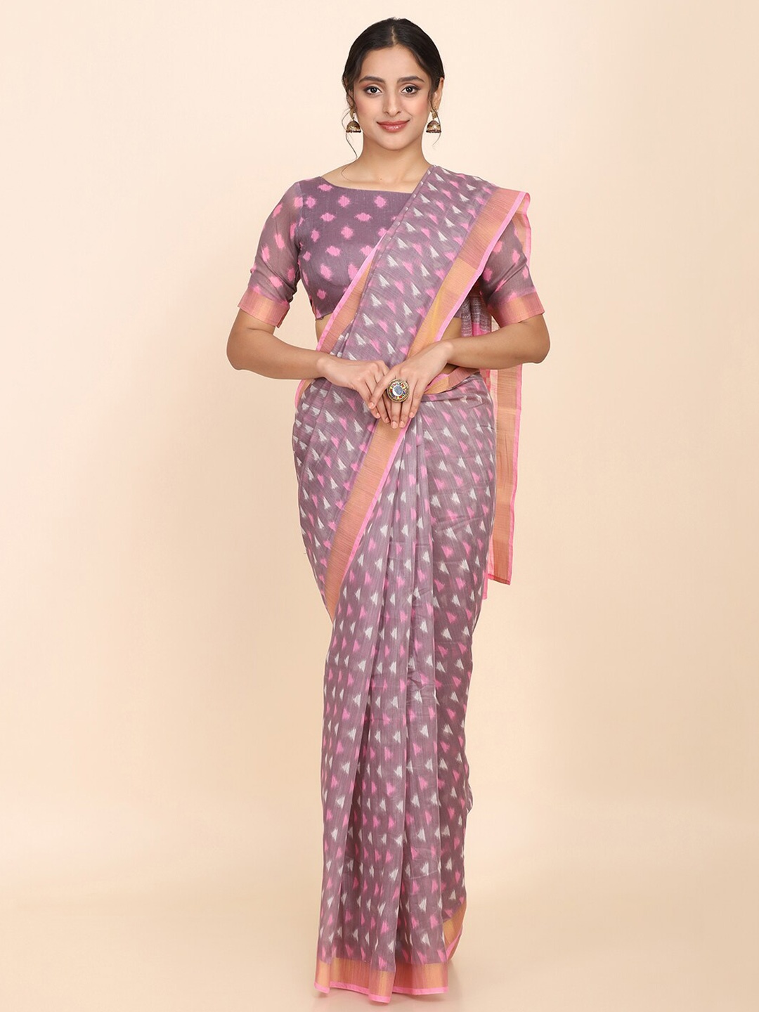 

KALINI Pink & Grey Print Zari Silk Cotton Saree