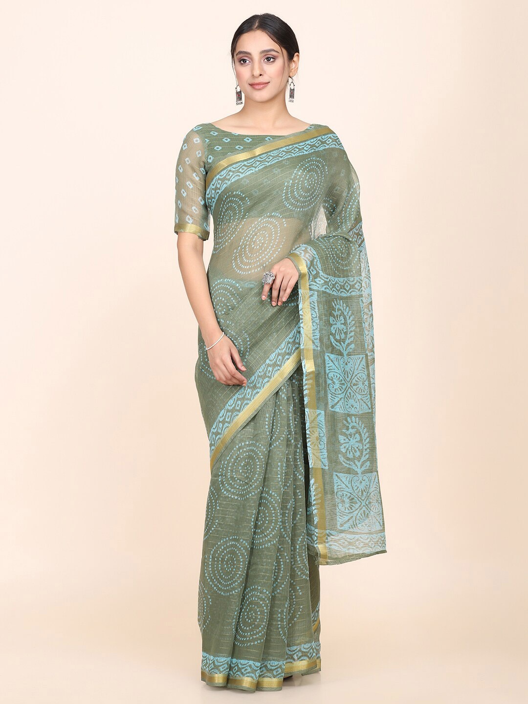 

KALINI Olive Green & Blue Print Zari Silk Cotton Saree