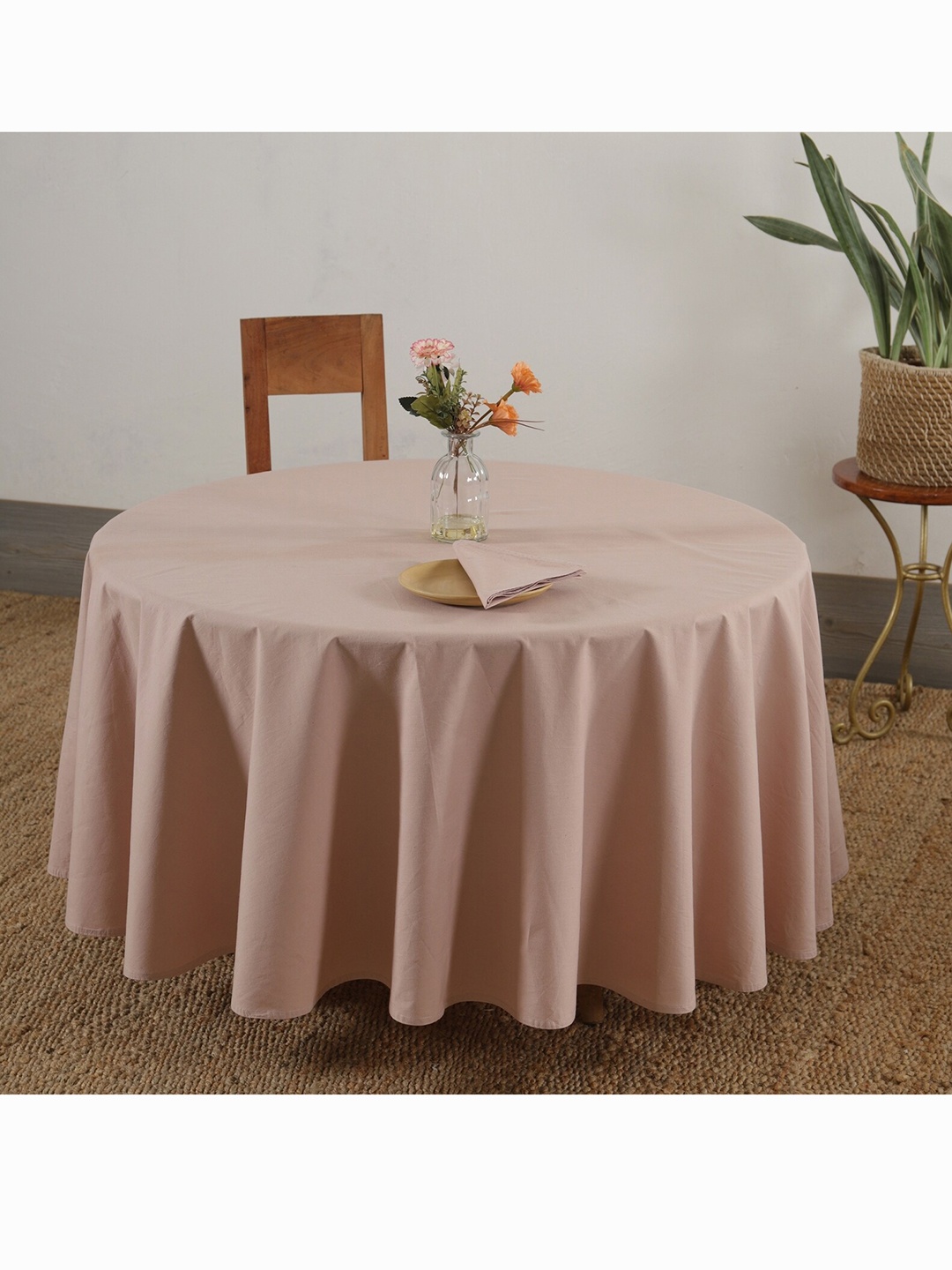 

HANDICRAFT PALACE Rose Gold Solid 6-Seater Round Cotton Table Cover With Napkin Set