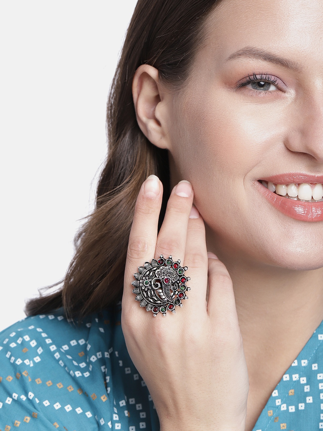 Kord Store Silver-Plated Stone Studded Oxidised Adjustable Finger Ring