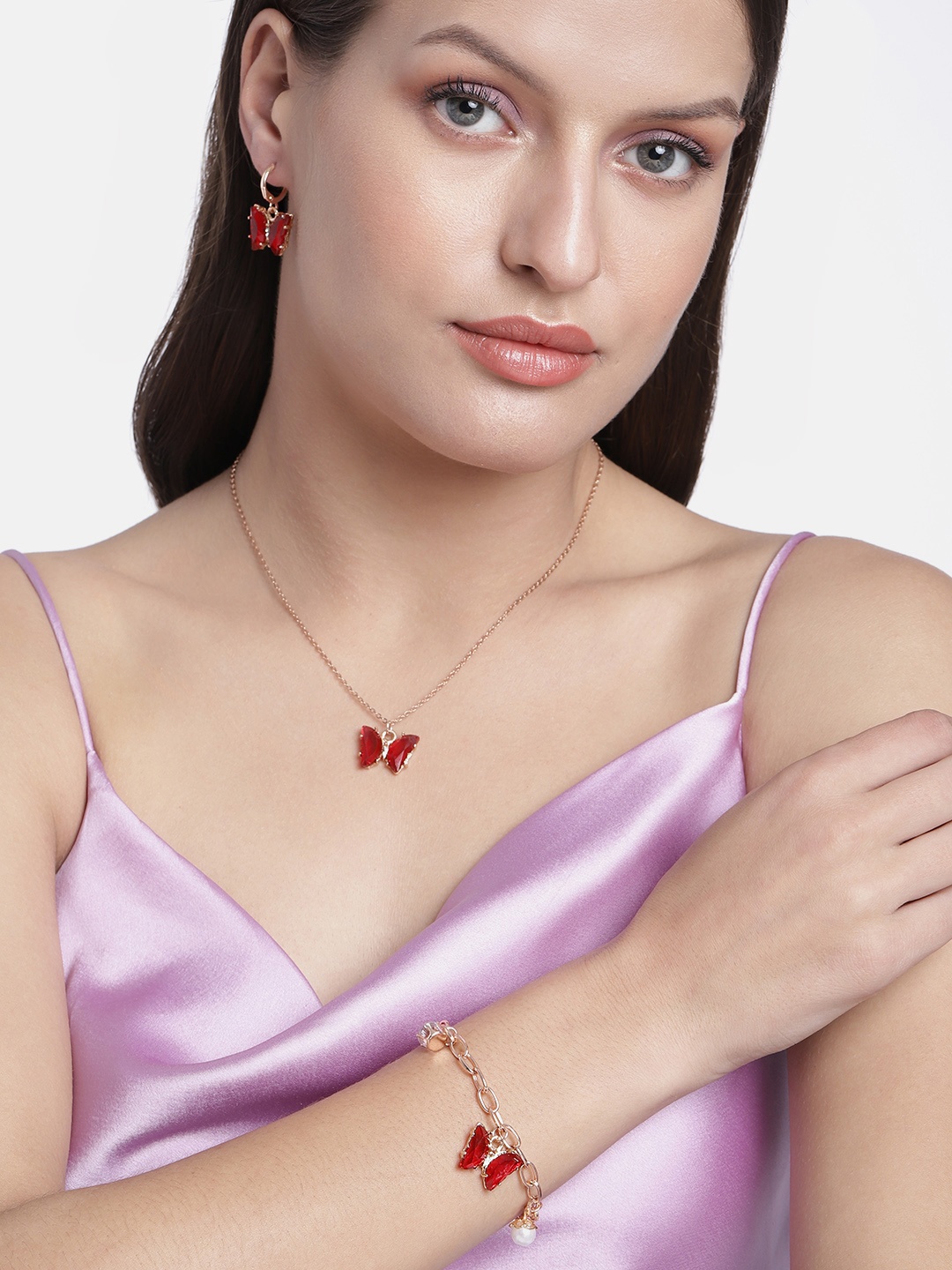 

Kord Store Red & White Rose Gold Plated Butterfly AD Studded Pendant Jewellery Set