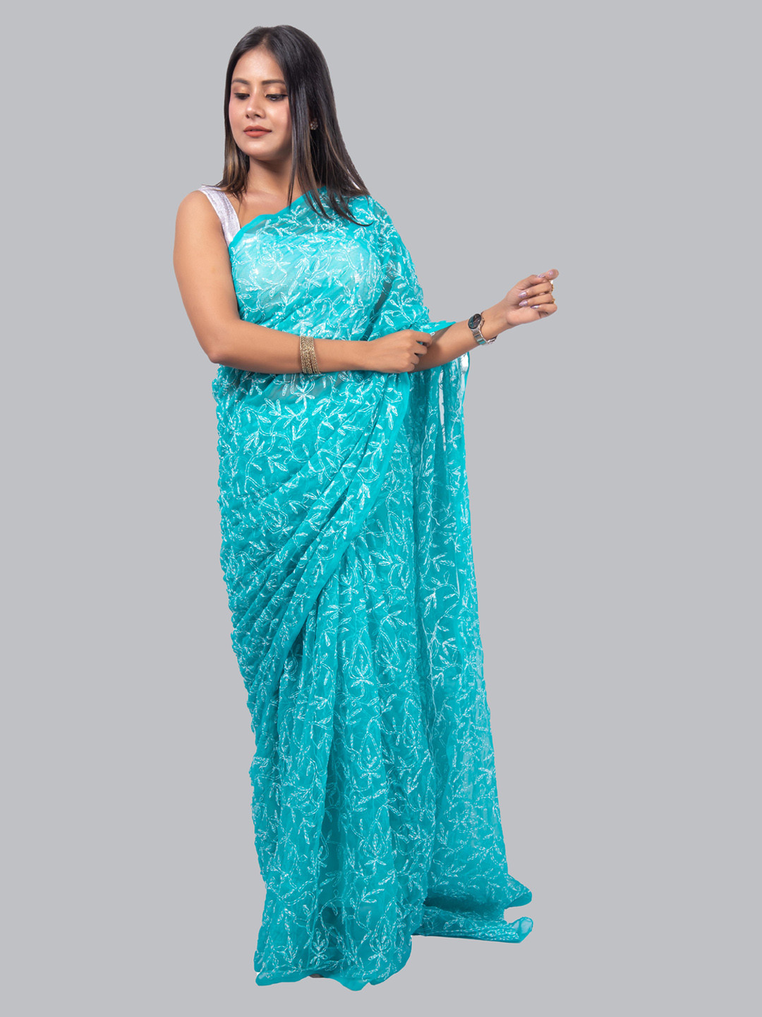 

FAWOMENT Turquoise Blue Floral Chikankari Poly Georgette Saree