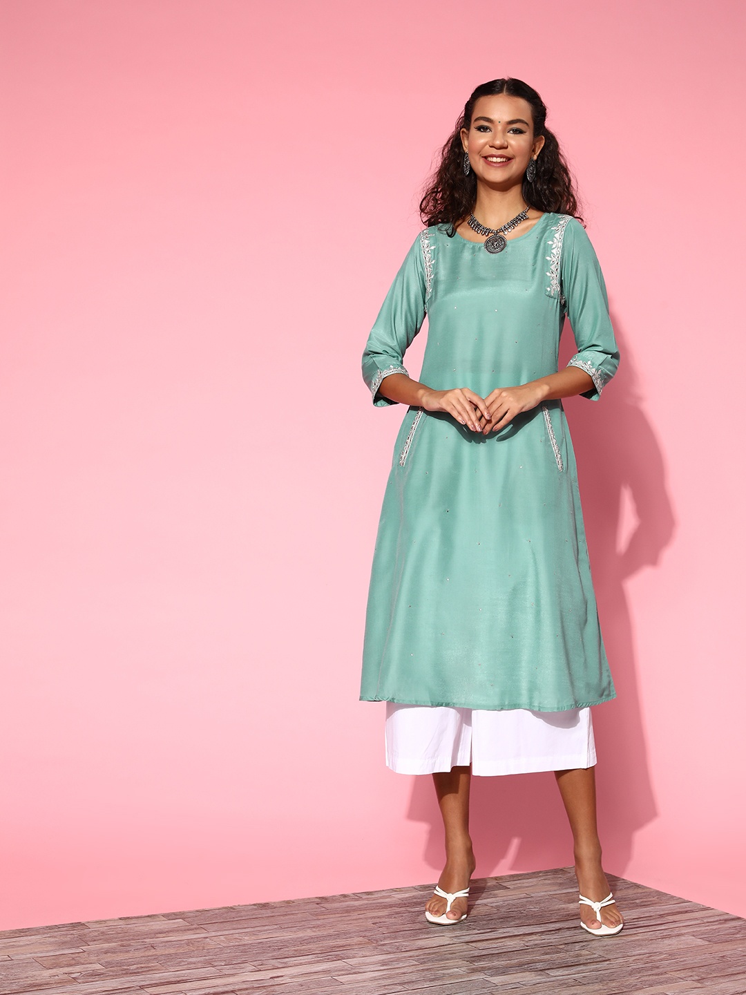

Jaipur Kurti Women Sea Green Silk All in the Details Kurta