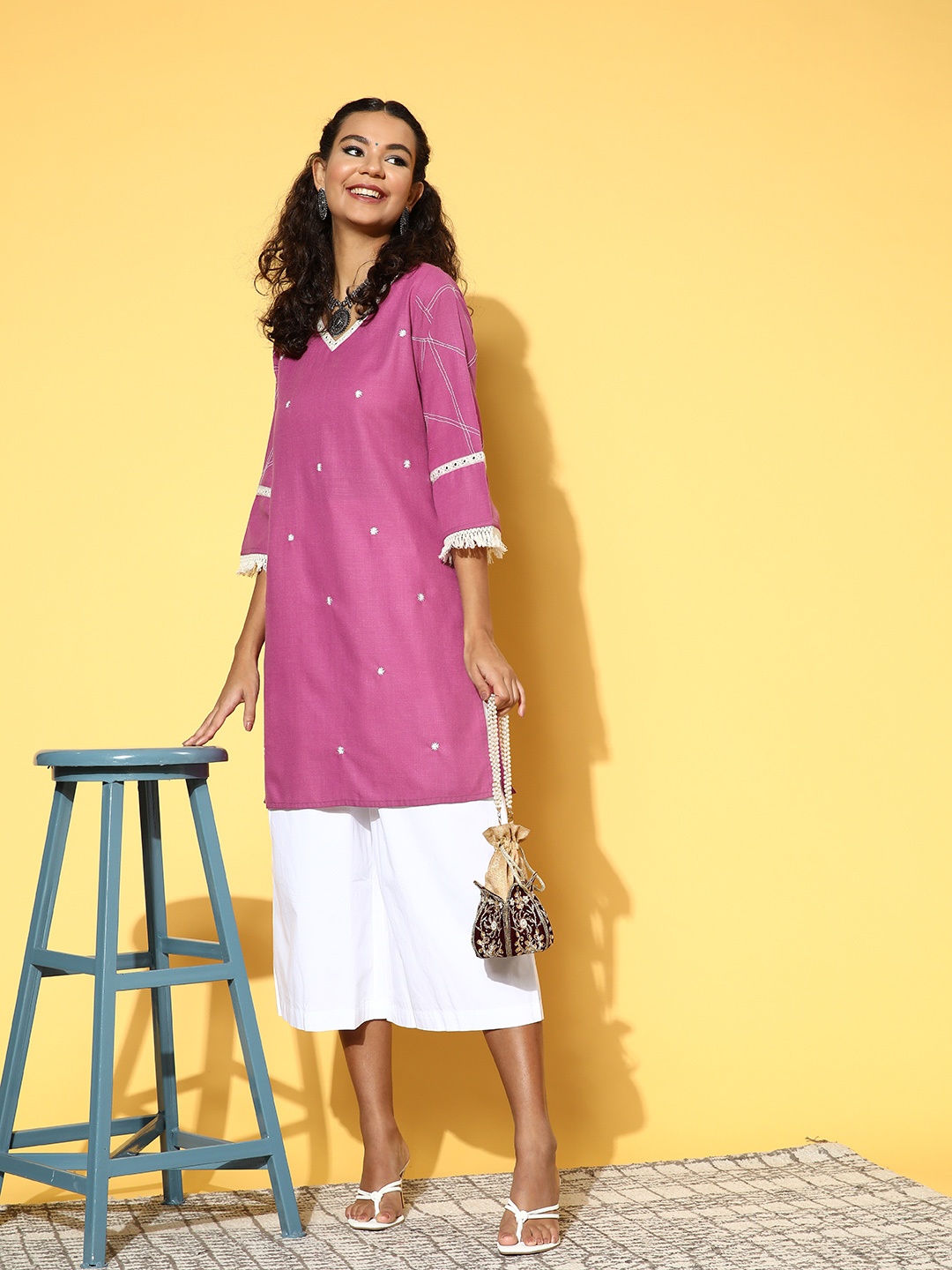 

Jaipur Kurti Women Magenta Cotton Silk All in the Details Kurta