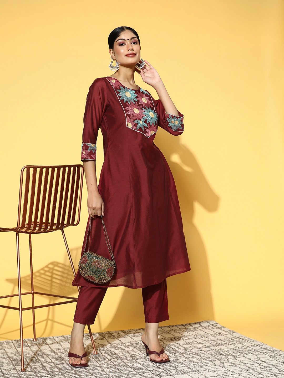 

Jaipur Kurti Women Maroon Floral Yoke Design Sequinned Chanderi Cotton Kurta with Trousers