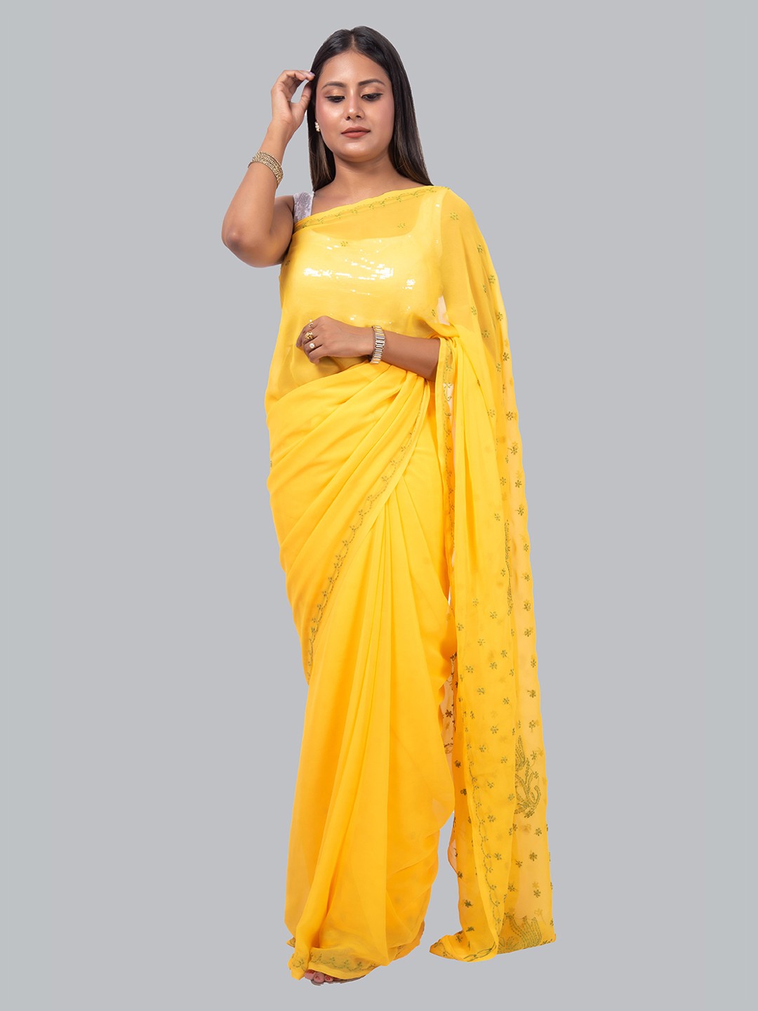 

FAWOMENT Yellow Ethnic Motifs Chikankari Pure Georgette Saree