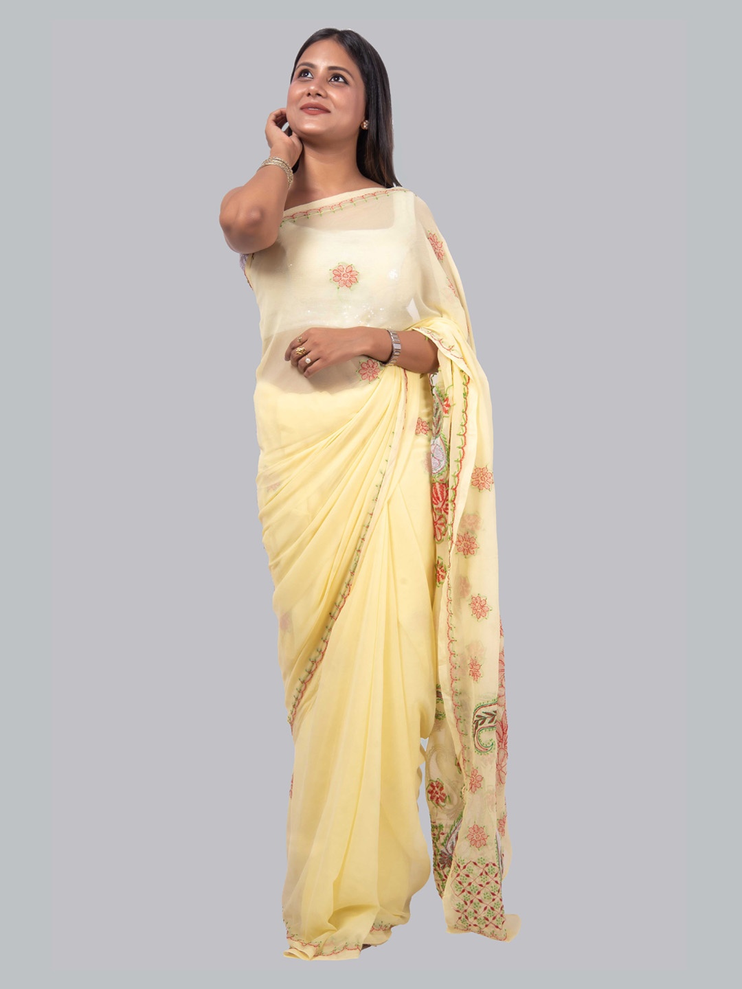 

FAWOMENT Yellow Floral Chikankari Embroidered Saree