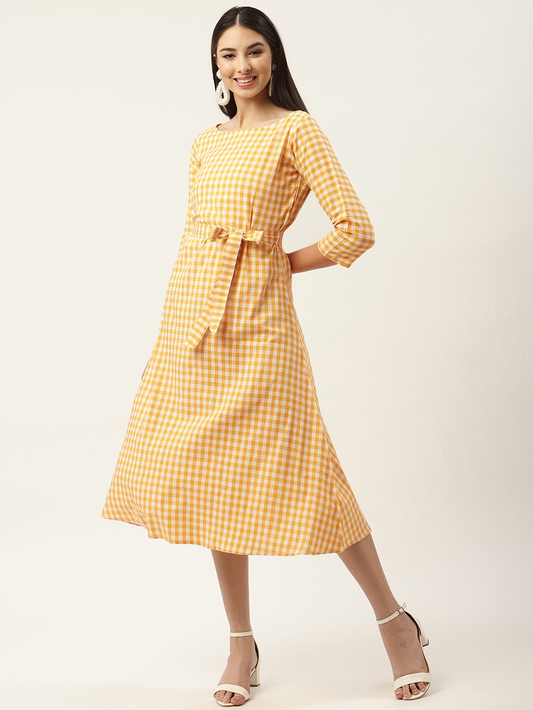 

FABNEST Yellow & White Checked A-Line Midi Dress