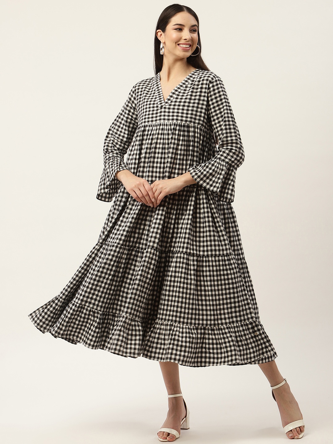 

FABNEST Black & White Checked Tiered Midi Dress