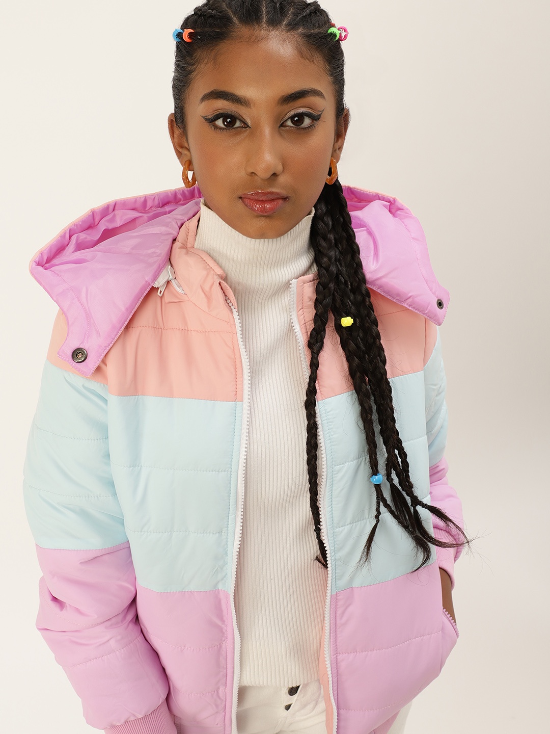 

Kook N Keech Teens Girls Blue & Pink Striped Detachable Hood Bomber Jacket