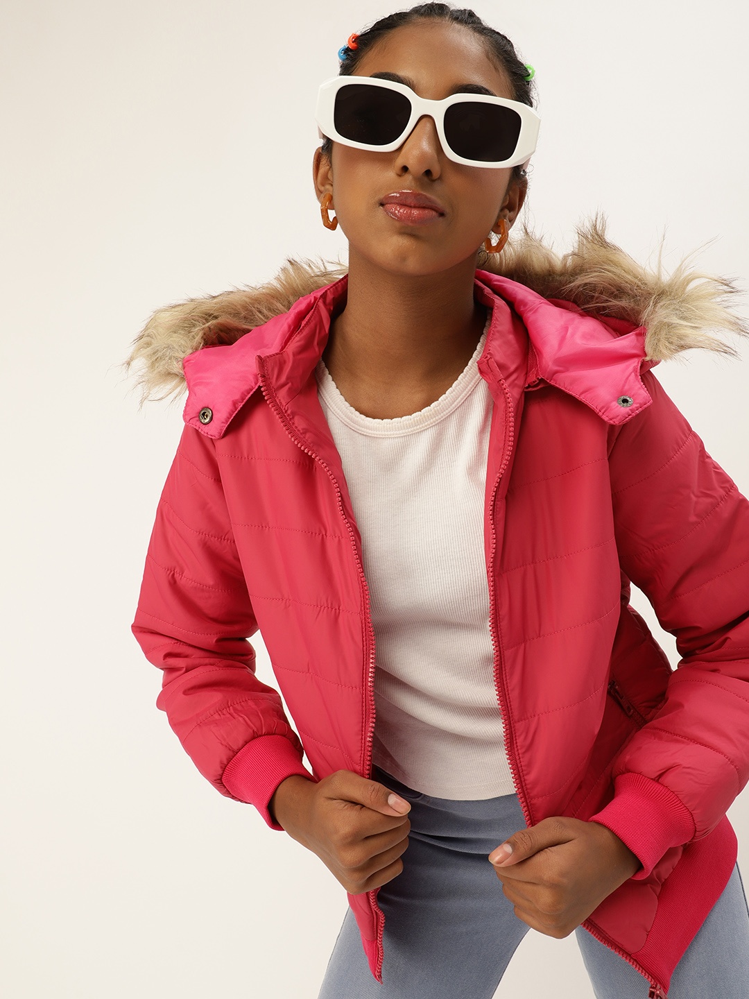 

Kook N Keech Teens Girls Pink Solid Detachable Hood Parka Jacket