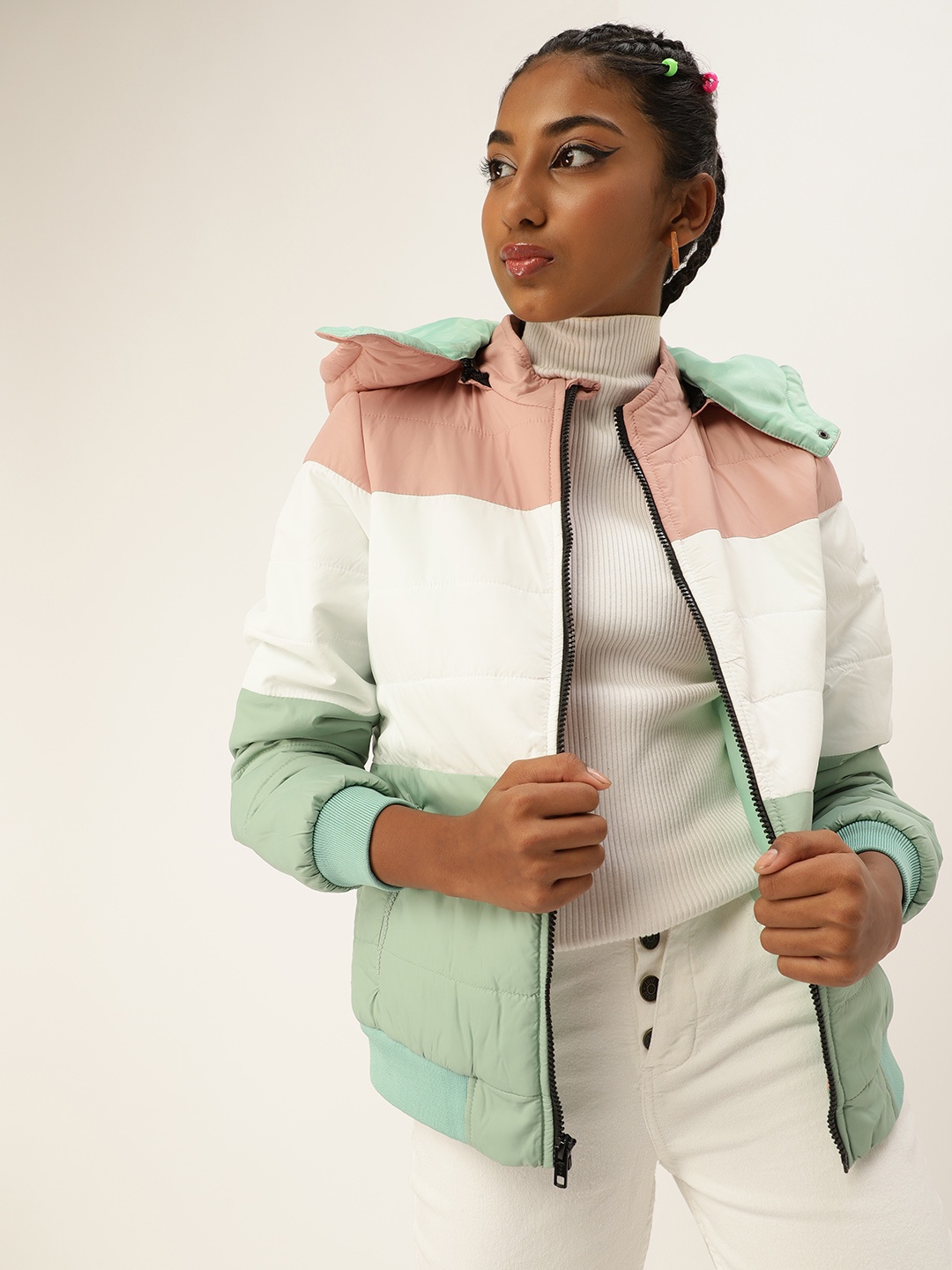 

Kook N Keech Teens Girls Peach-Coloured Colourblocked Bomber Jacket with Detachable Hood