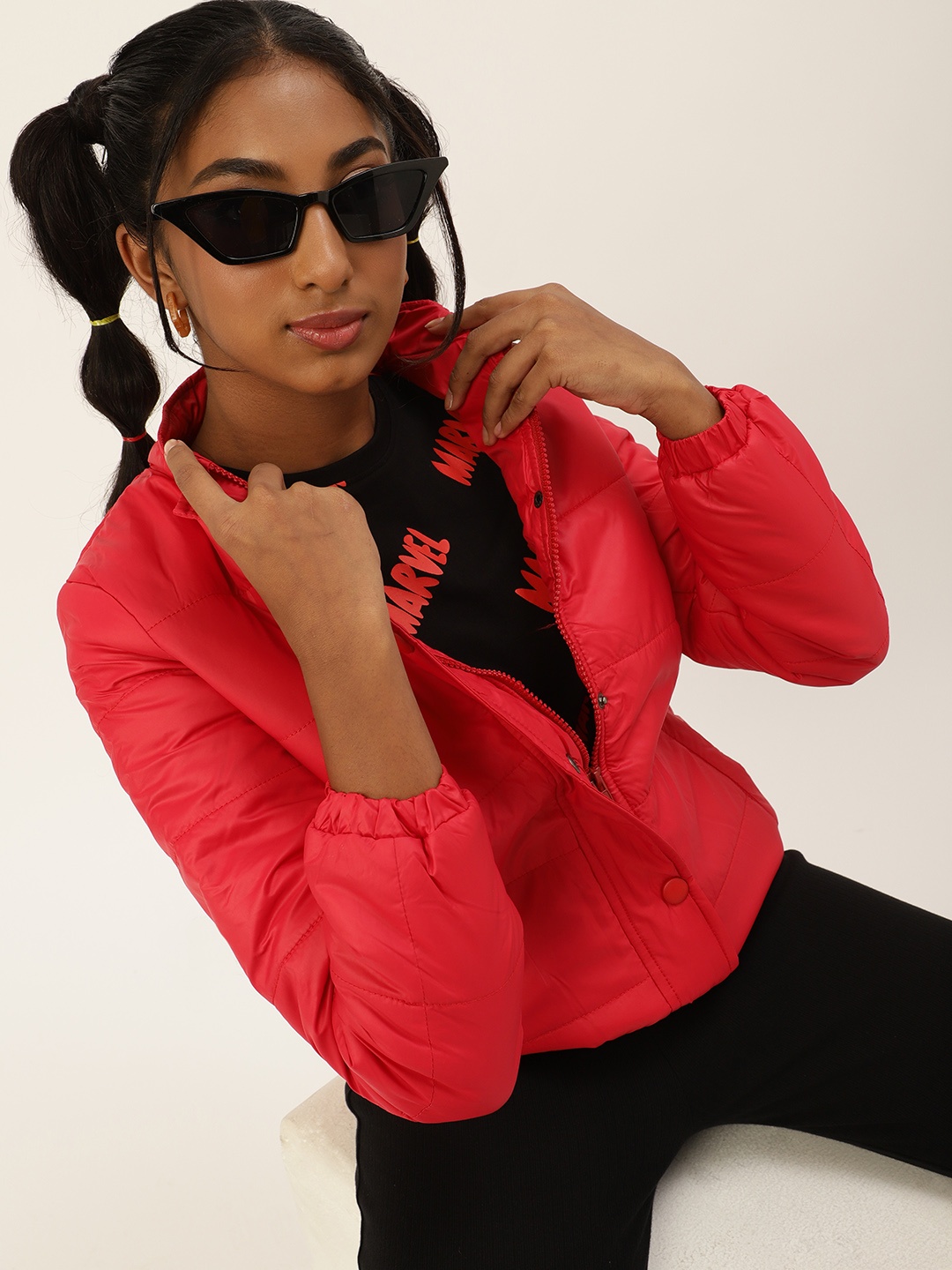 

Kook N Keech Teens Girls Red Solid Stand Collar Padded Jacket