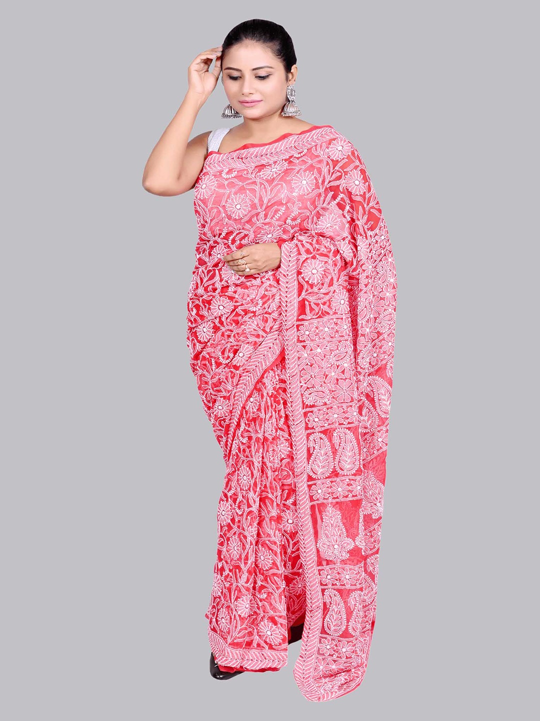 

FAWOMENT Red & White Ethnic Motifs Chikankari Pure Georgette Heavy Work Saree