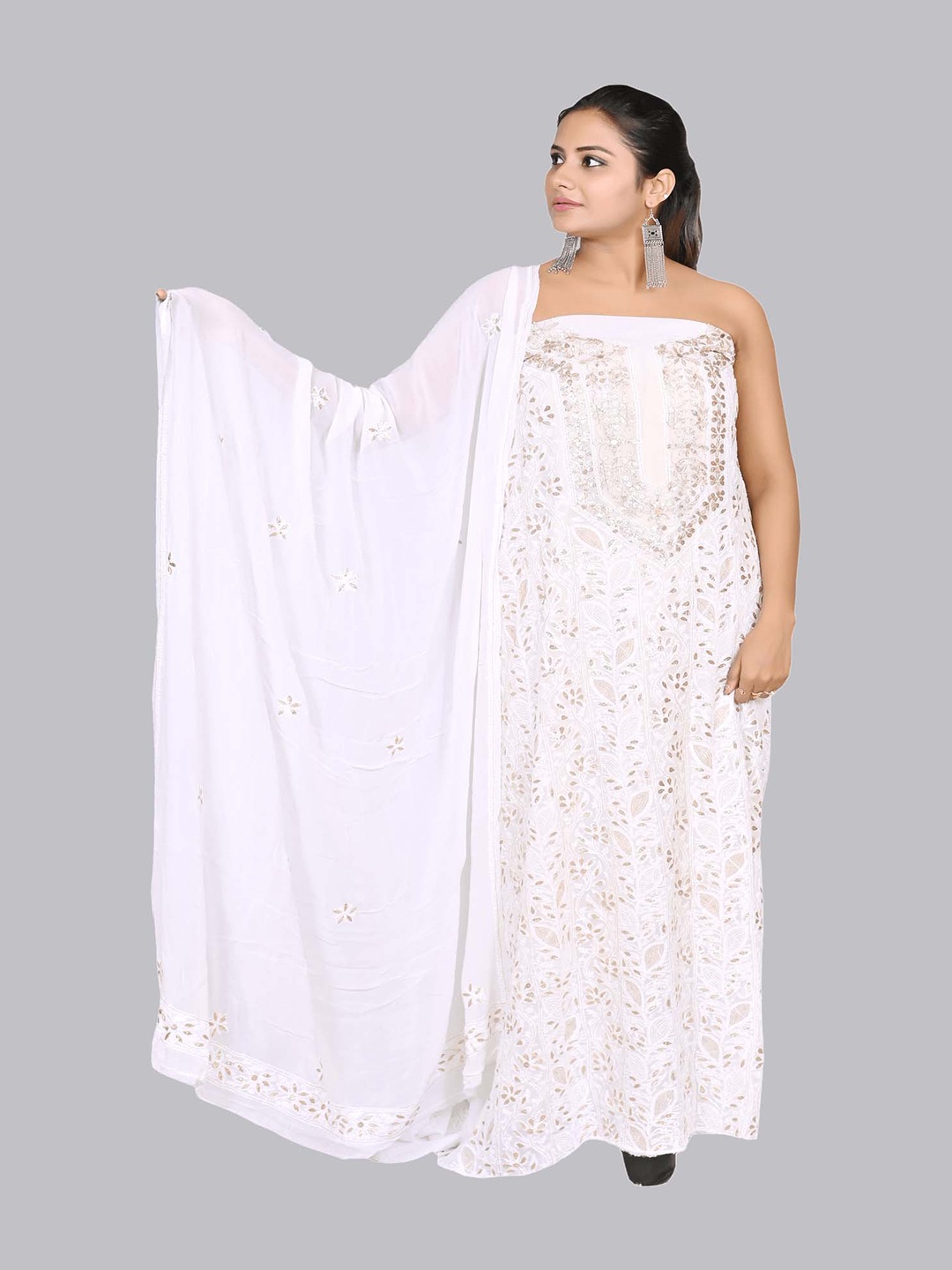 

FAWOMENT White & Gold-Toned Embroidered Viscose Rayon Unstitched Dress Material