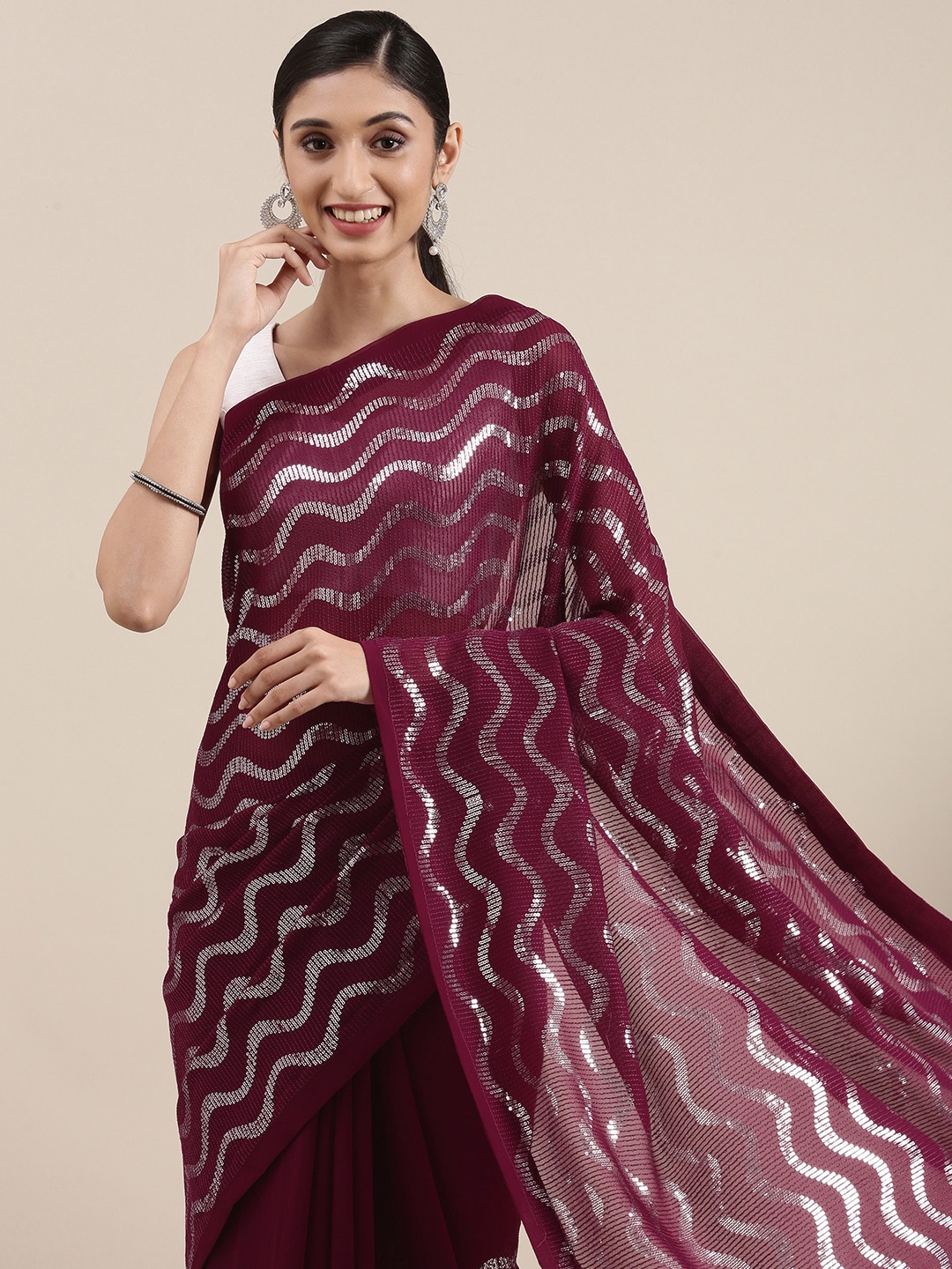 

Mitera Burgundy Embellished Sequinned Saree