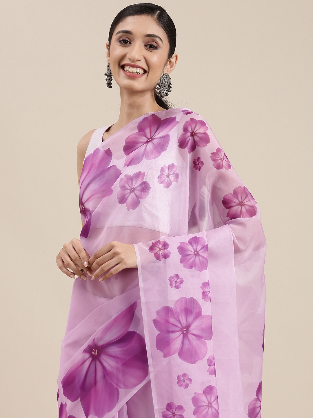 

Mitera Lavender Floral Print Organza Saree