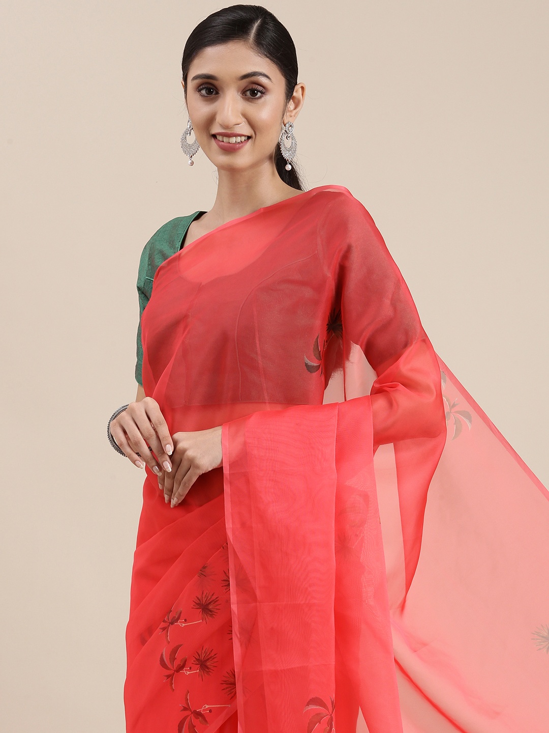 

Mitera Red Floral Print Organza Saree