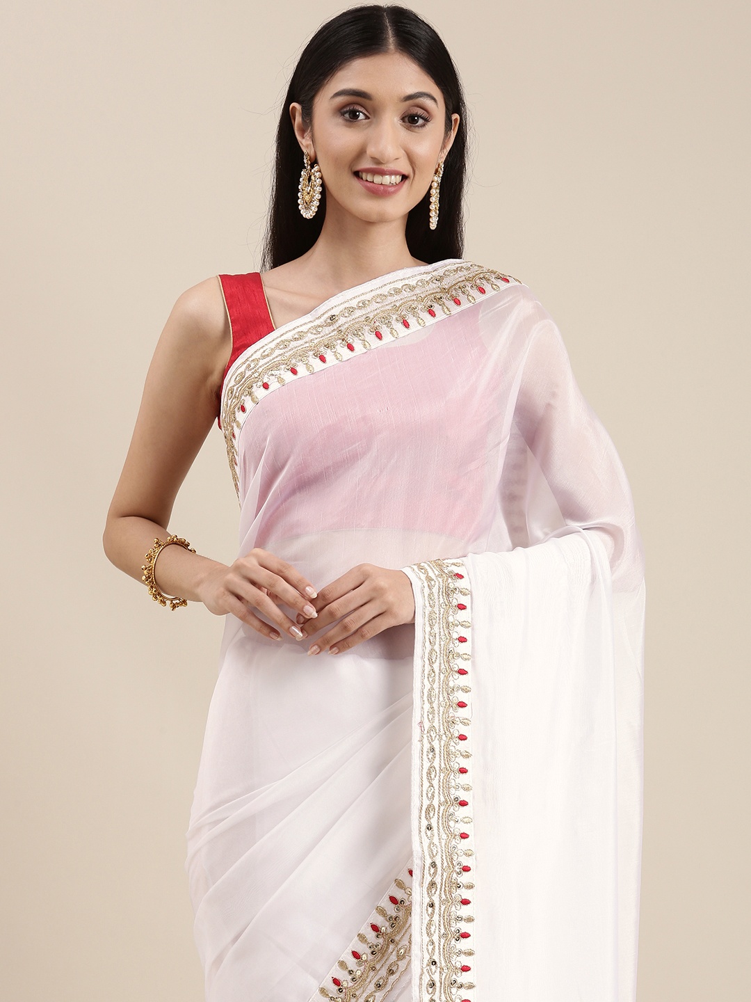 

Mitera White Solid Sequinned Organza Saree