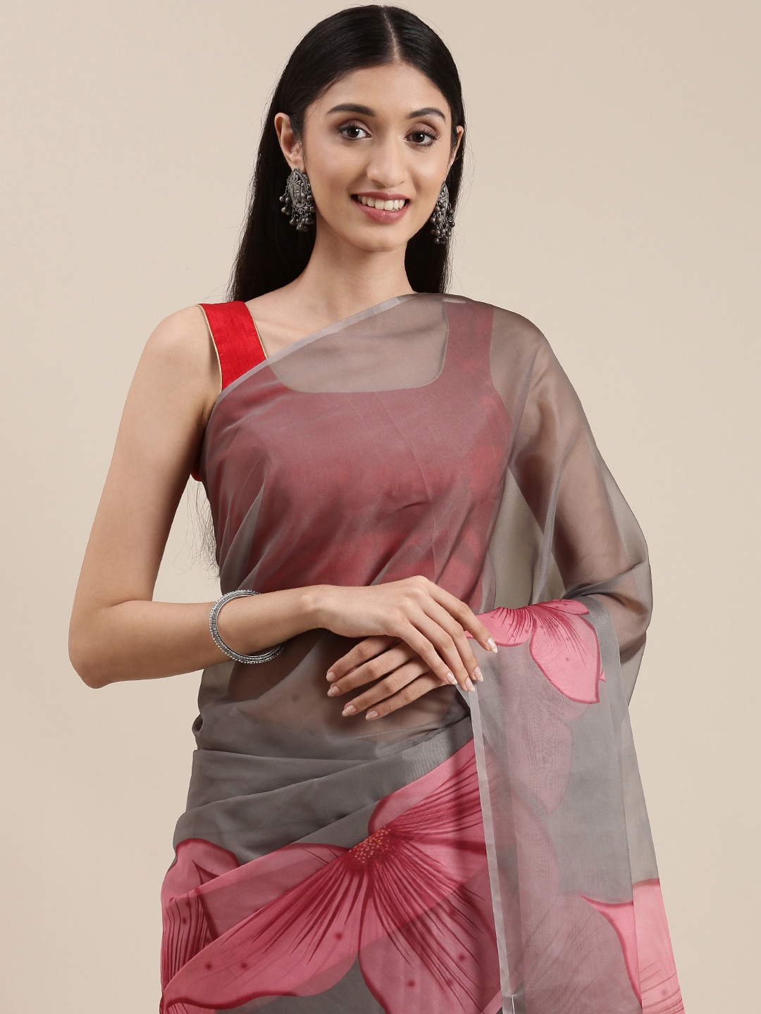 

Mitera Grey & Pink Floral Print Organza Saree