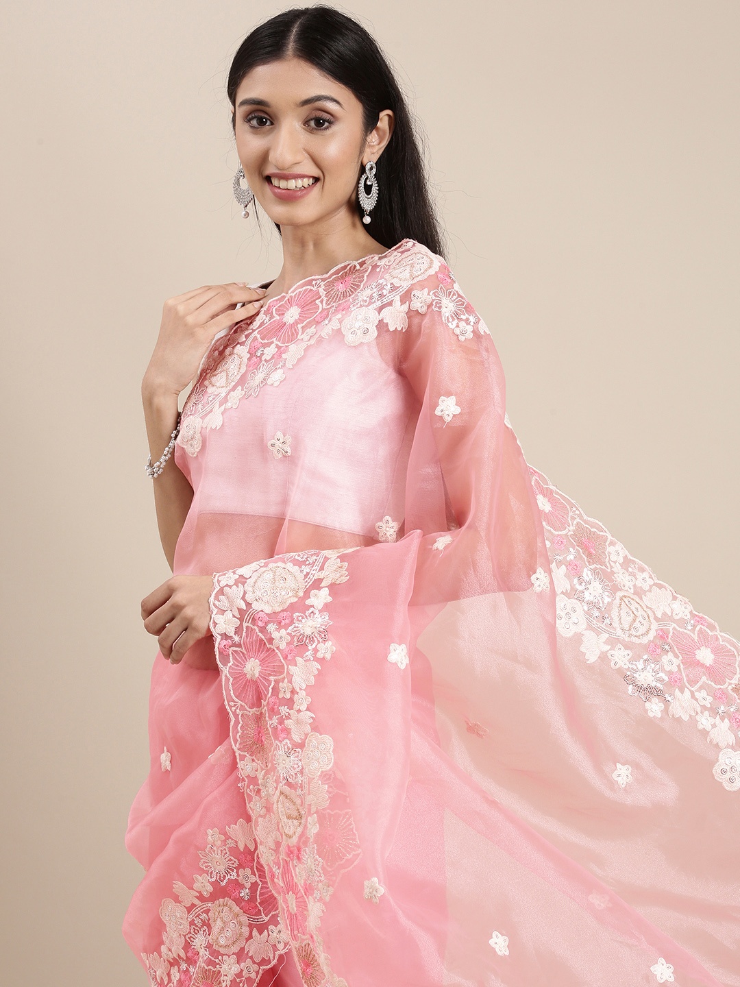 

Mitera Pink & White Ethnic Motifs Embroidered Organza Saree
